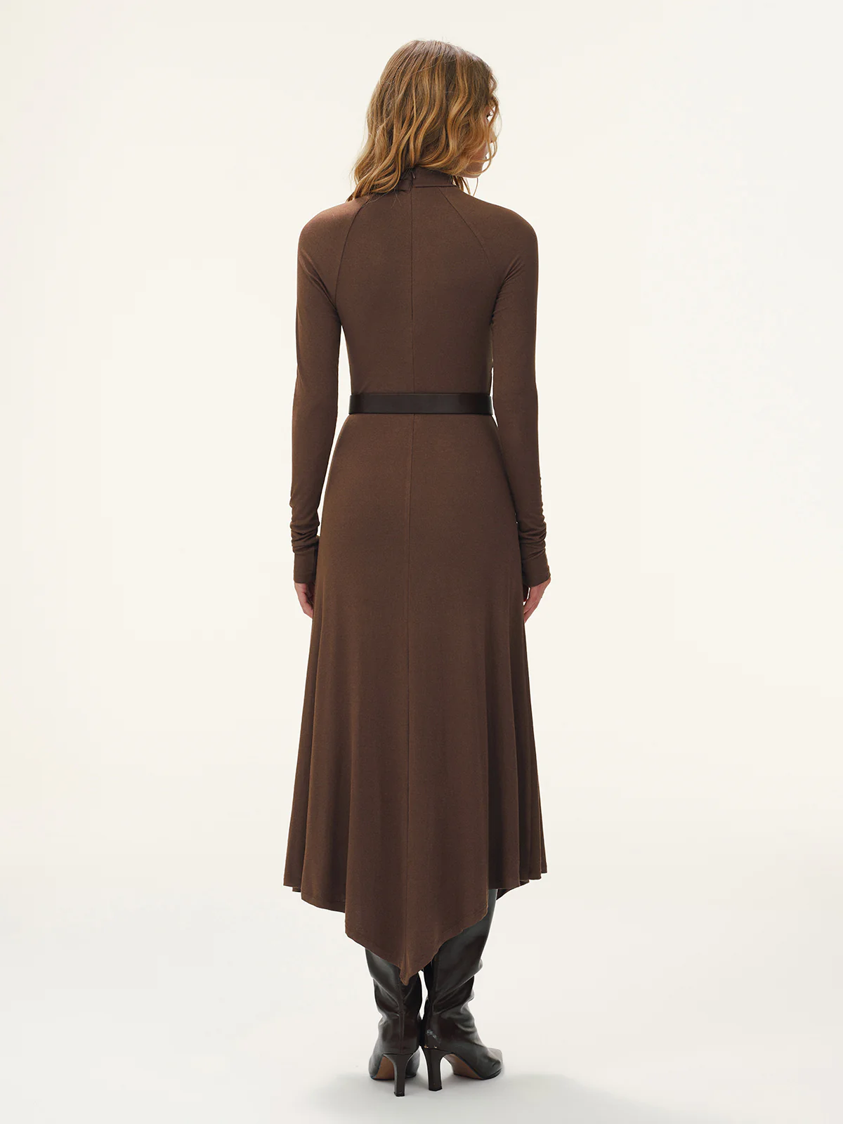 Belted Turtleneck Asymmetric Maxi Dress - Wholesalesil