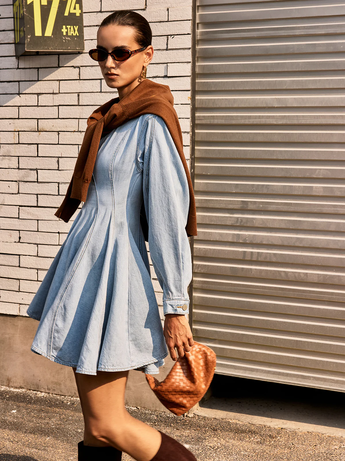 Denim Long Sleeve Flare Dress - Wholesalesil
