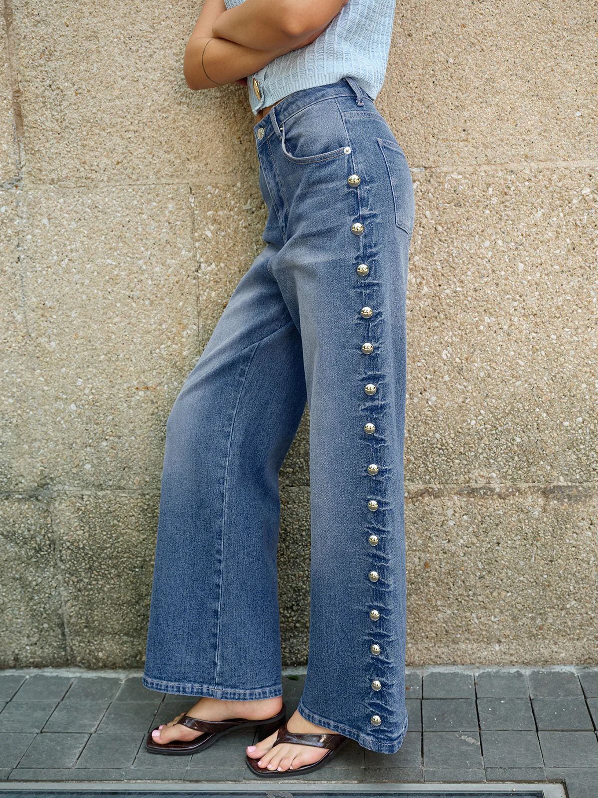 Buttoned Side Detail Pocketed Jeans - Wholesalesil