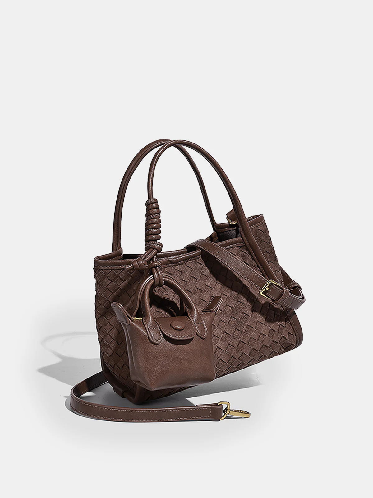 Woven Faux Leather Tote Bag with Mini Bag Charm - Wholesalesil