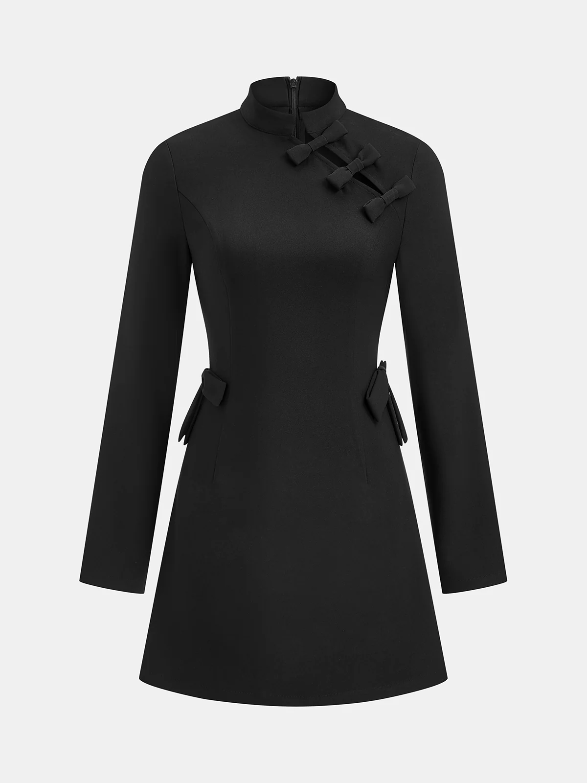 Mandarin Collar Bow Detail Mini Dress - Wholesalesil