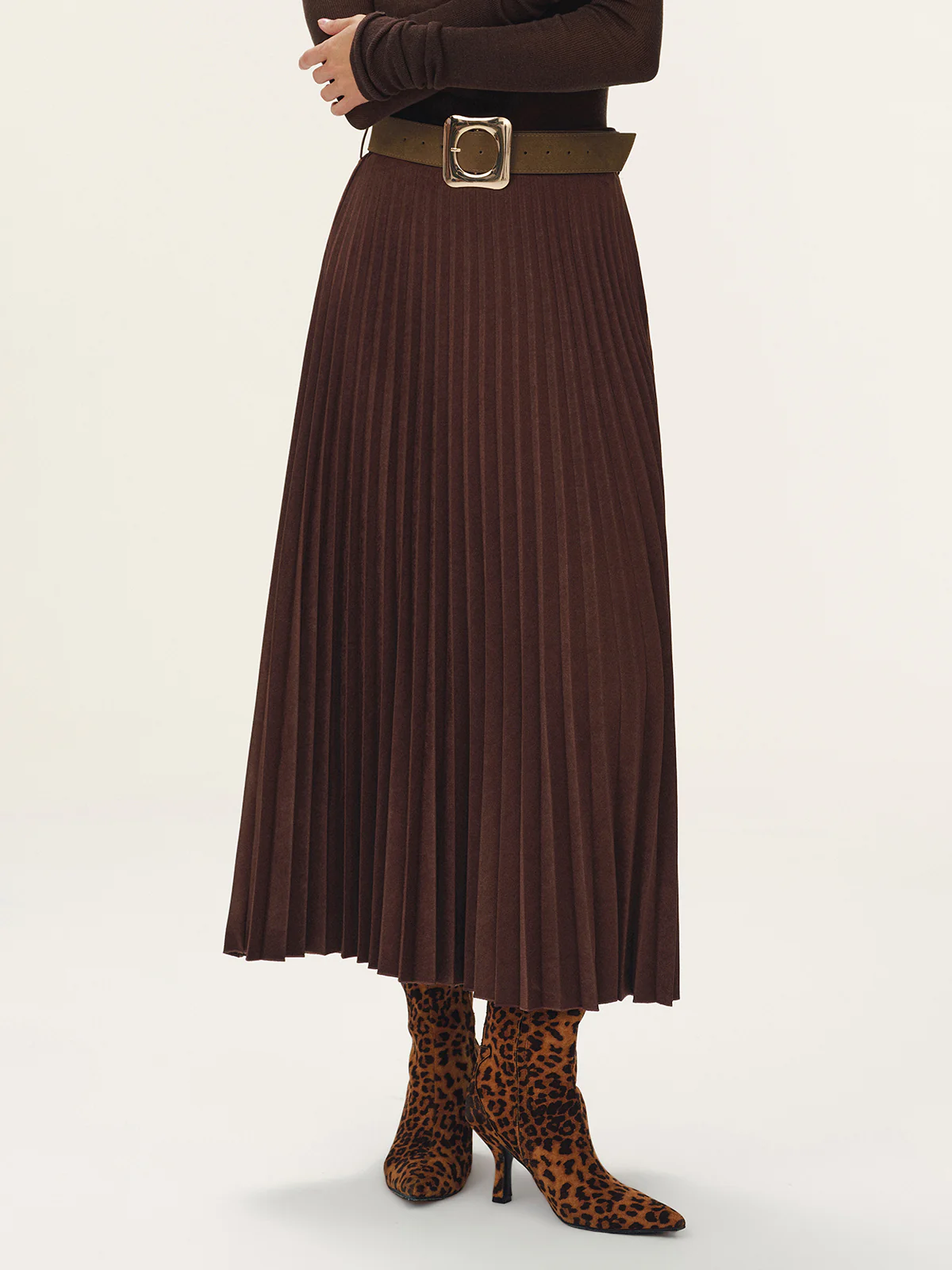 Belted Suede Effect Pleated Midi Skirt - Wholesalesil