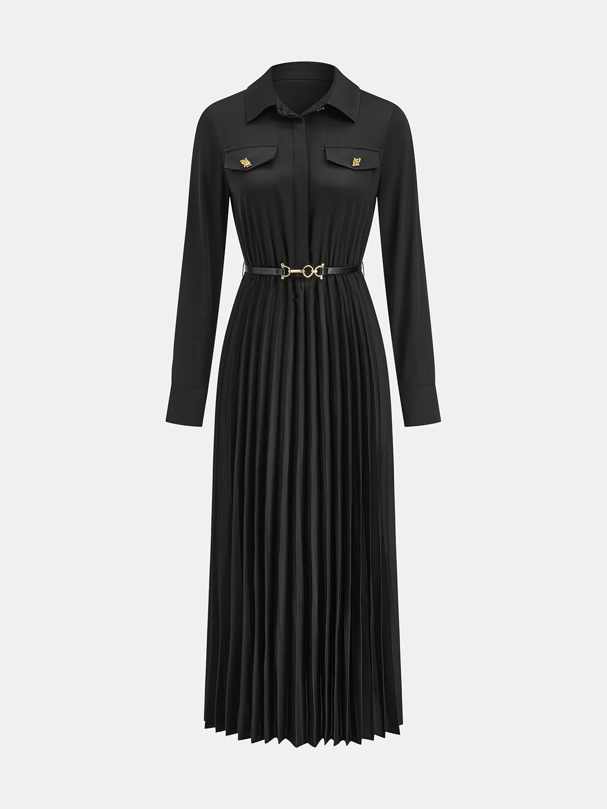 Belted Pleated Long Sleeve Shirt Dress - Wholesalesil