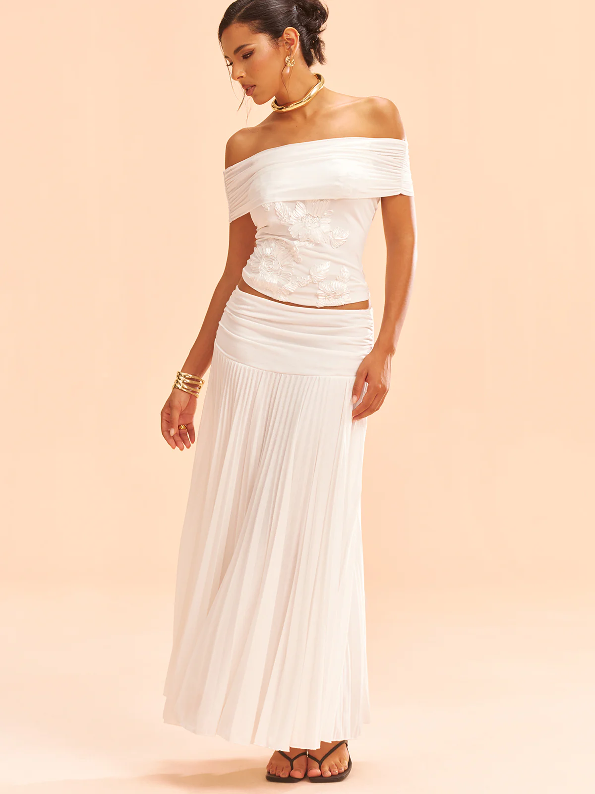 Mesh Off-Shoulder Floral Applique Blouse - Wholesalesil