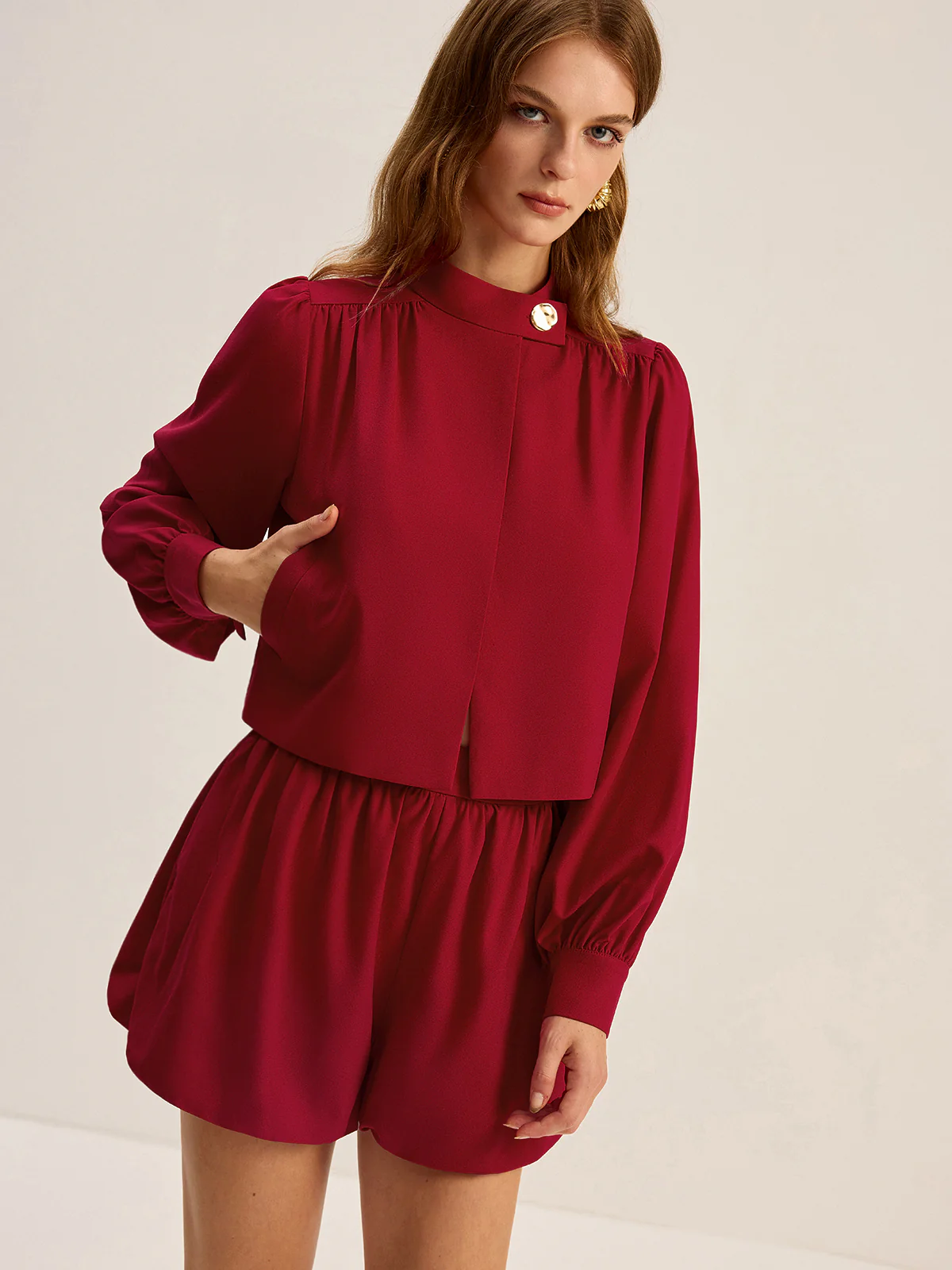 Metal Button Asymmetric Long-Sleeve Top - Wholesalesil