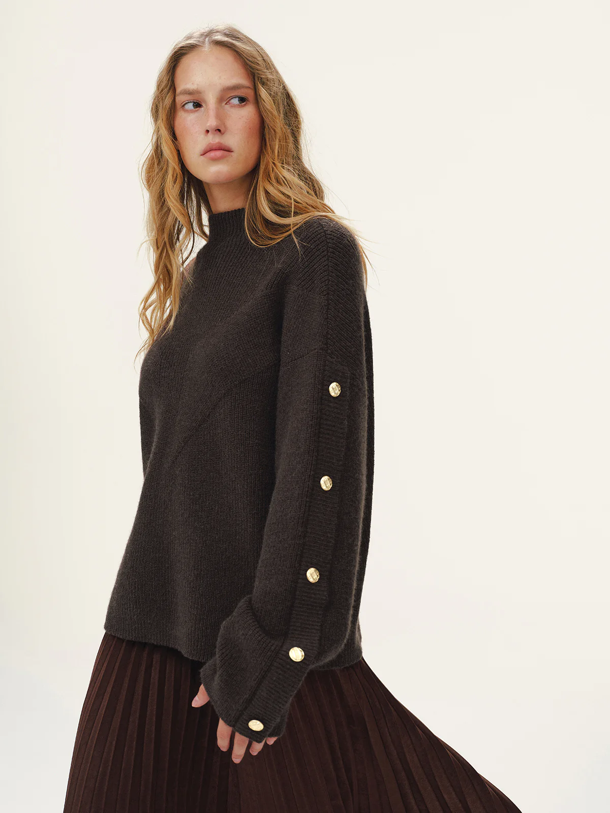 Button Detail Mock Neck Knit Sweater - Wholesalesil