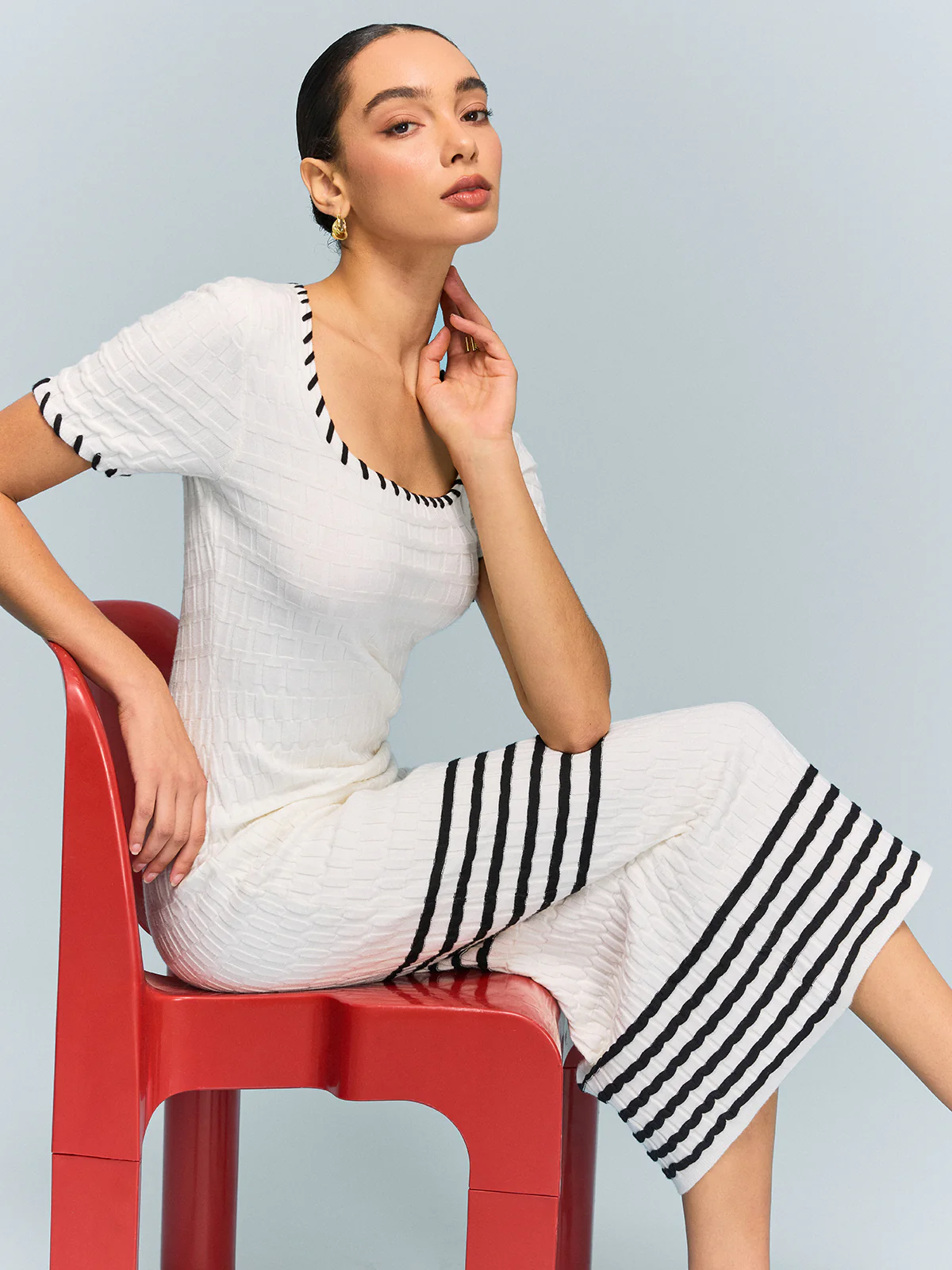 Textured Knit Midi Dress with Striped Hem - Wholesalesil