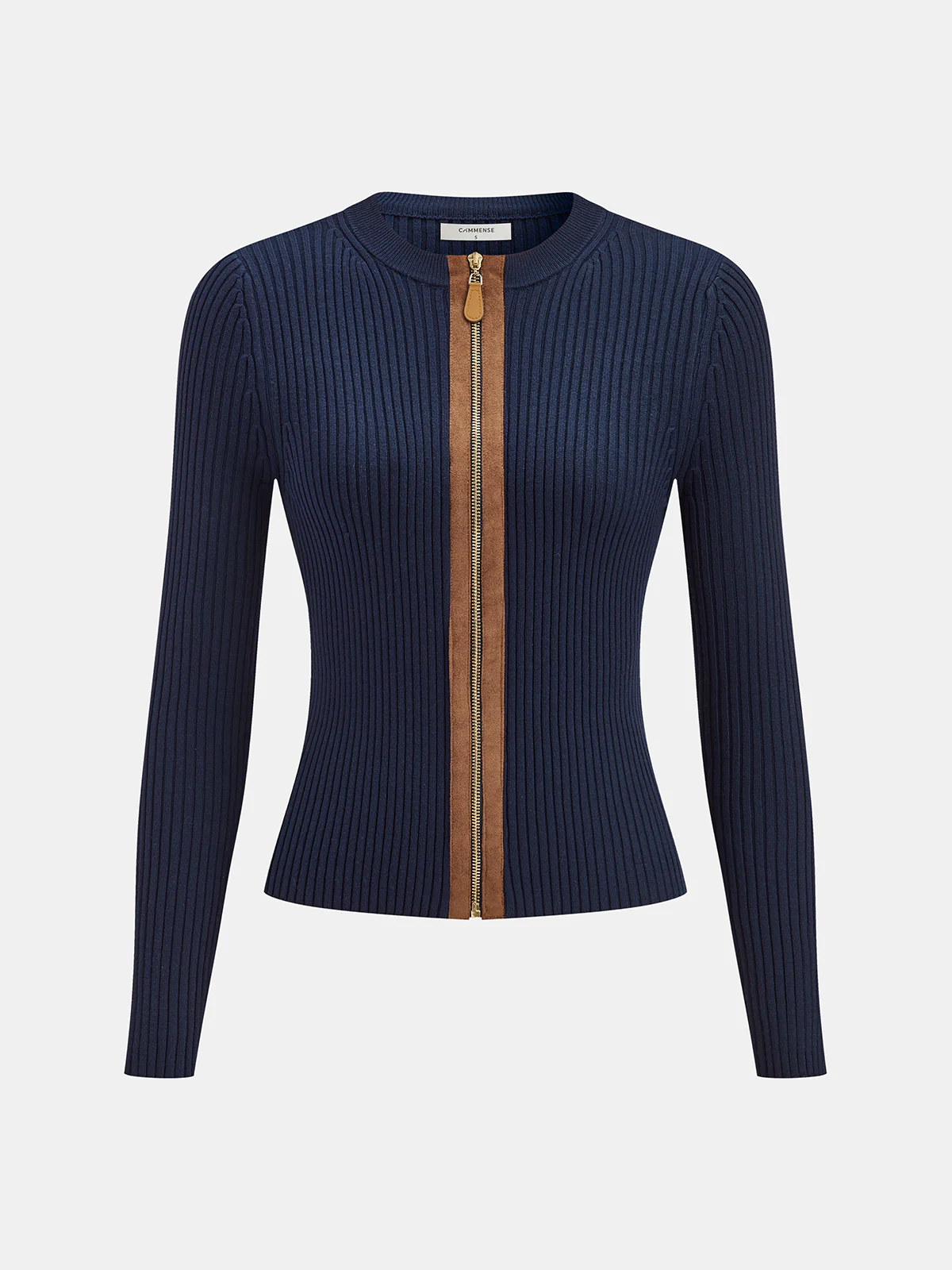 Zip-Front Suede Panel Ribbed Knit Top - Wholesalesil