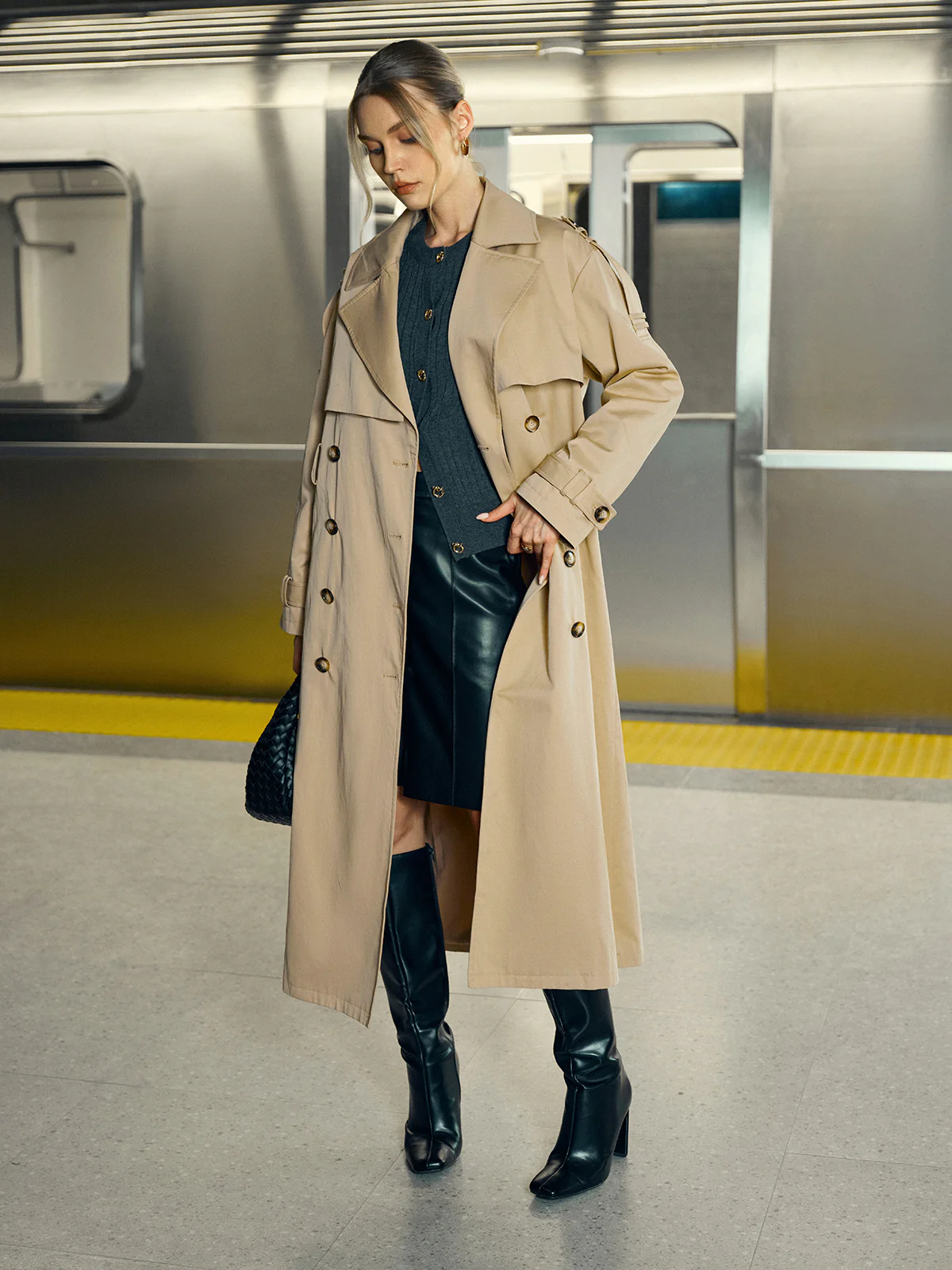 Cotton-Blend Double-Breasted Belted Long Trench Coat - Wholesalesil