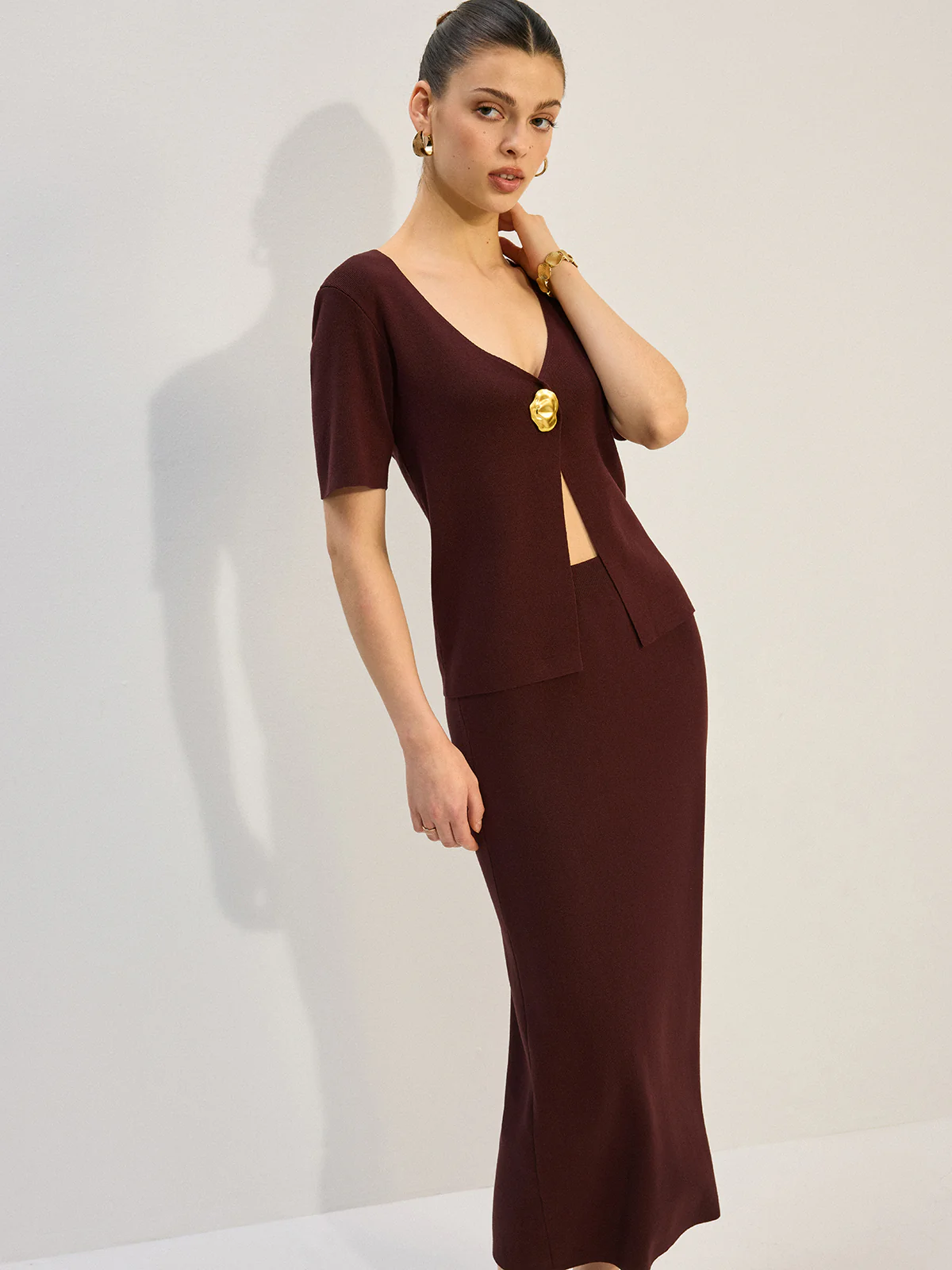 Metal Decor V-Neck Knit Co-ords Set - Wholesalesil