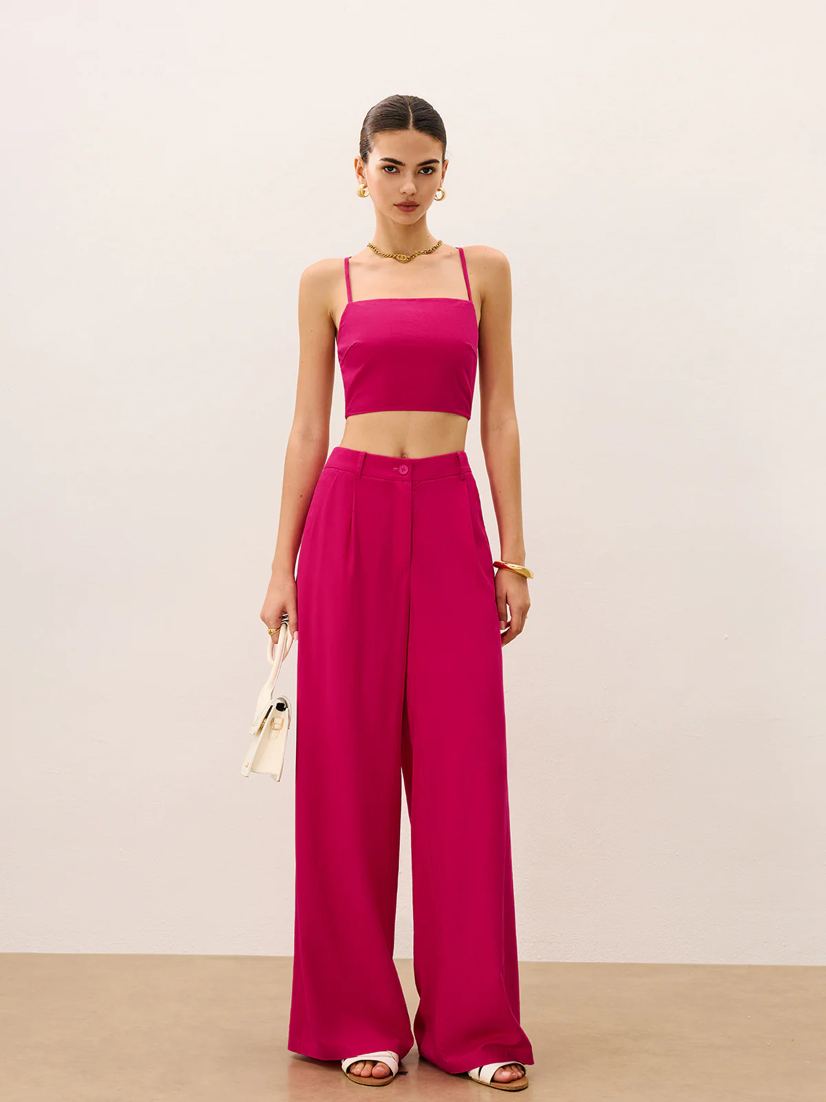 Tie-Back Top and Wide-Leg Pants Set - Wholesalesil