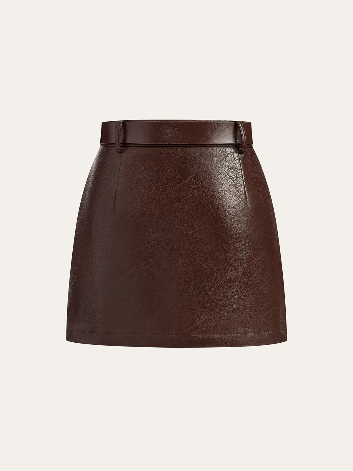 Jacquard Trim PU Leather Mini Skirt with Belt - Wholesalesil