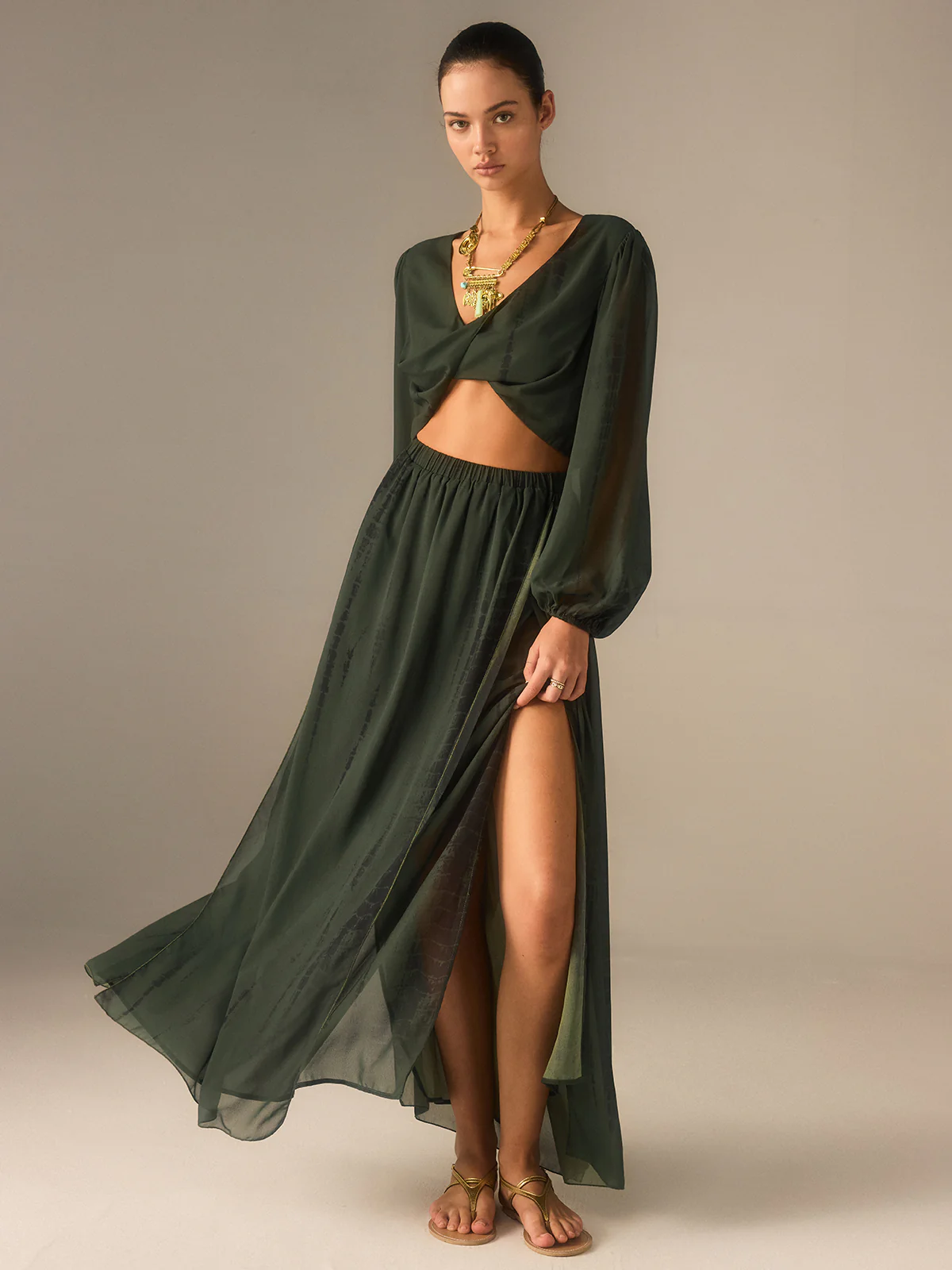 Chiffon Crop Top and Slit Maxi Skirt Set - Wholesalesil