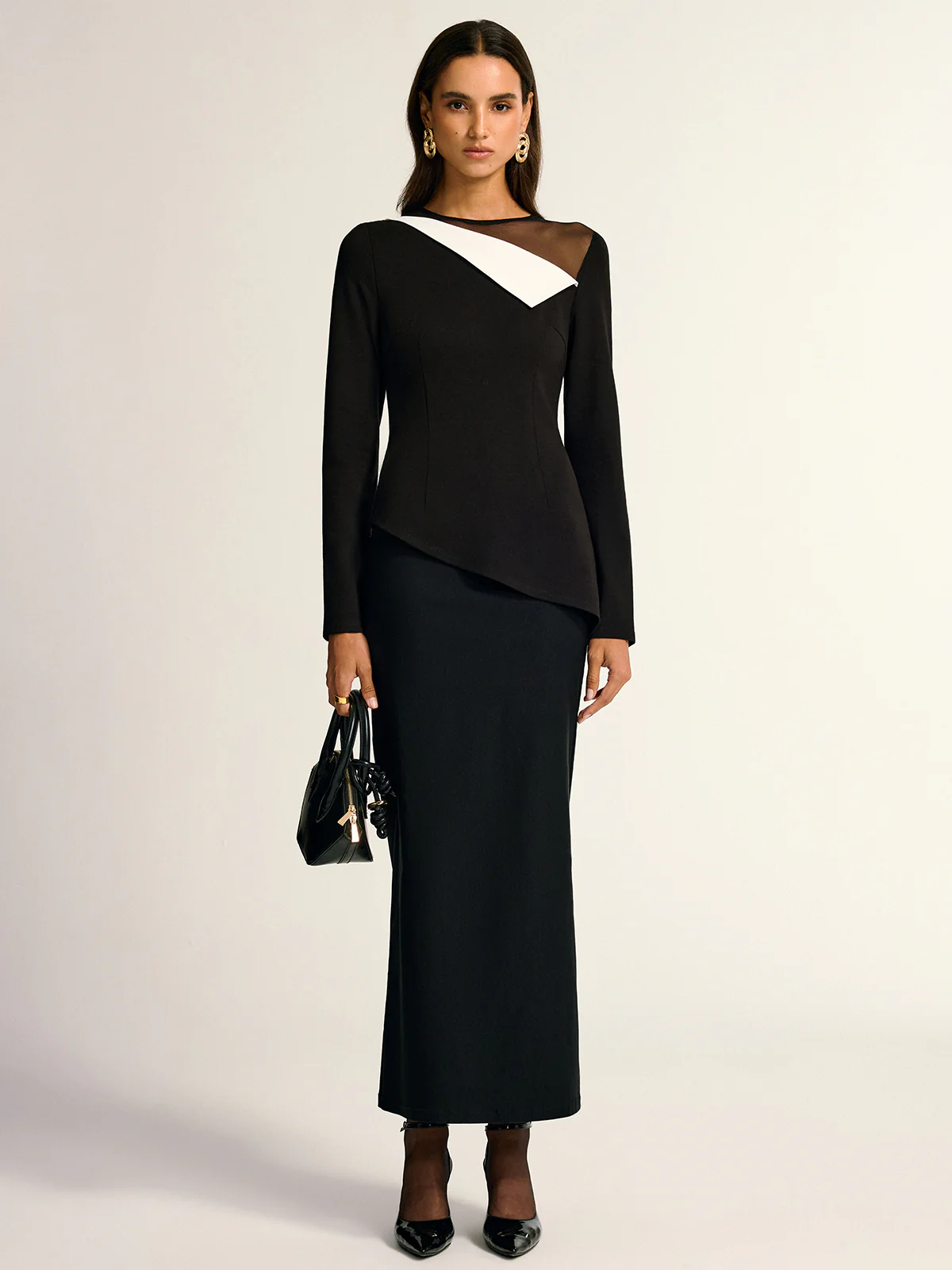 Mesh Neck Contrast Panel Asymmetrical Blouse - Wholesalesil