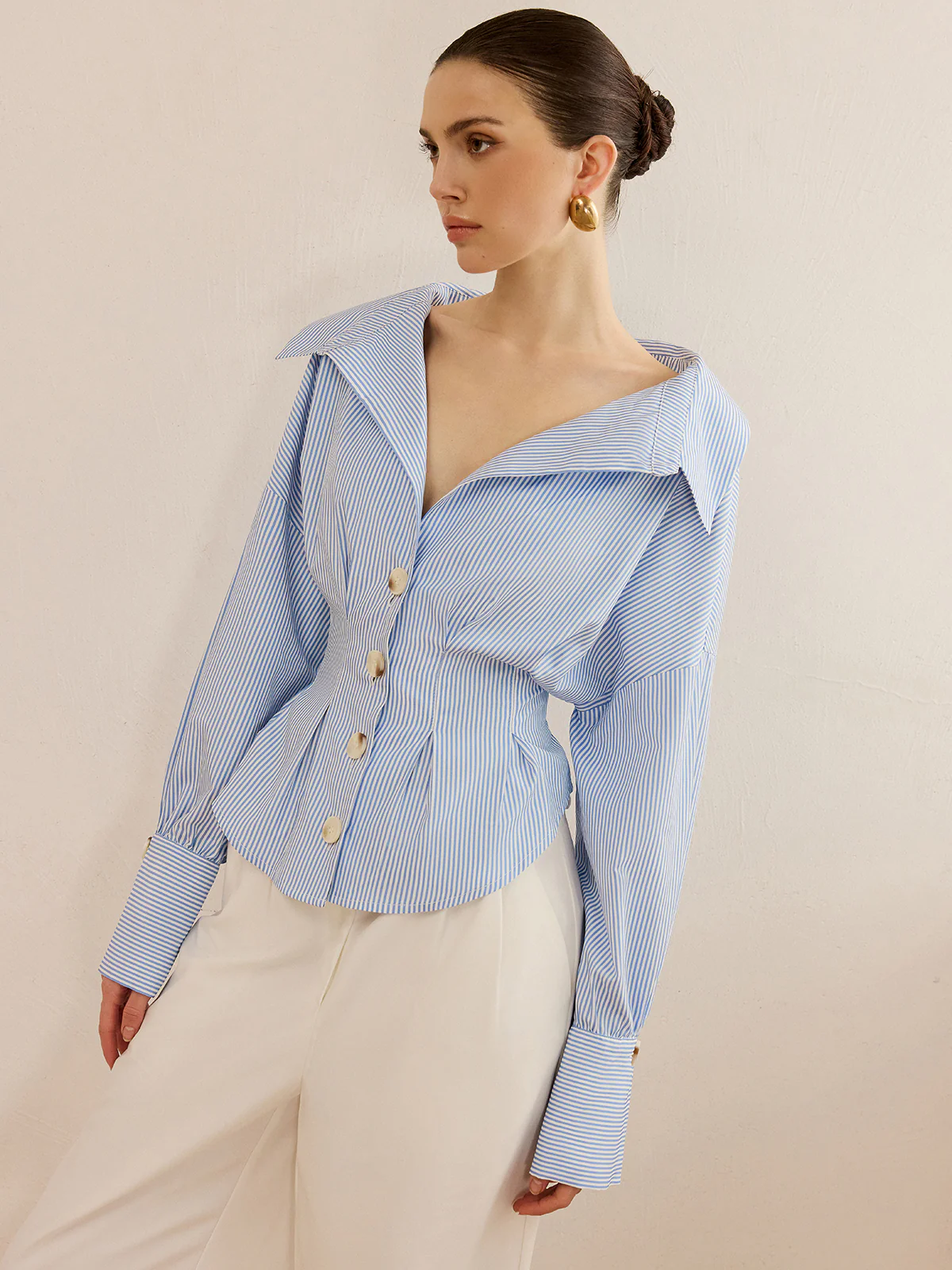 Striped Collared Shirt with Waist-Cinching Design - Wholesalesil