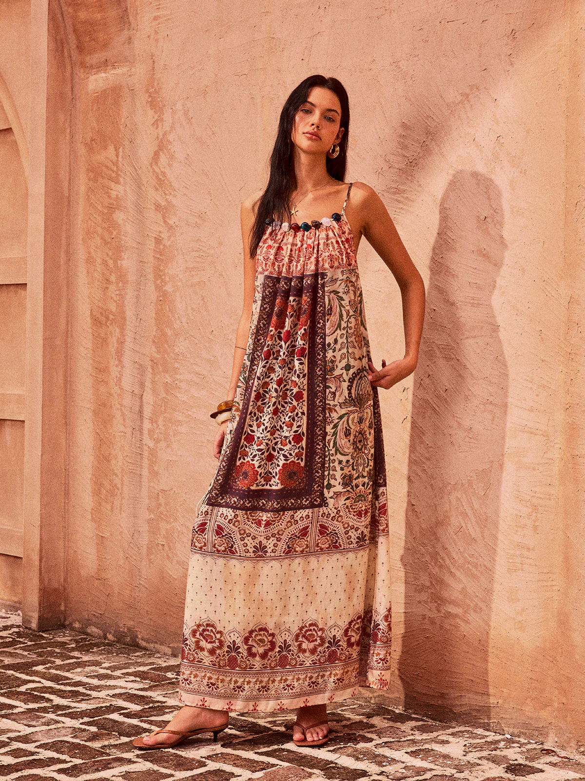 Paisley Printed Beaded Maxi Dress - Wholesalesil