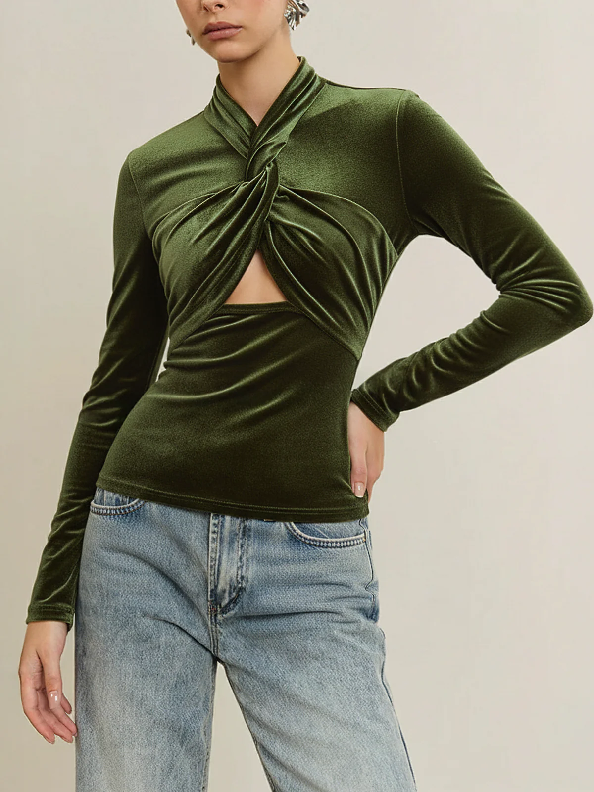 Velvet Twist Front Cut-Out Long Sleeve Blouse - Wholesalesil