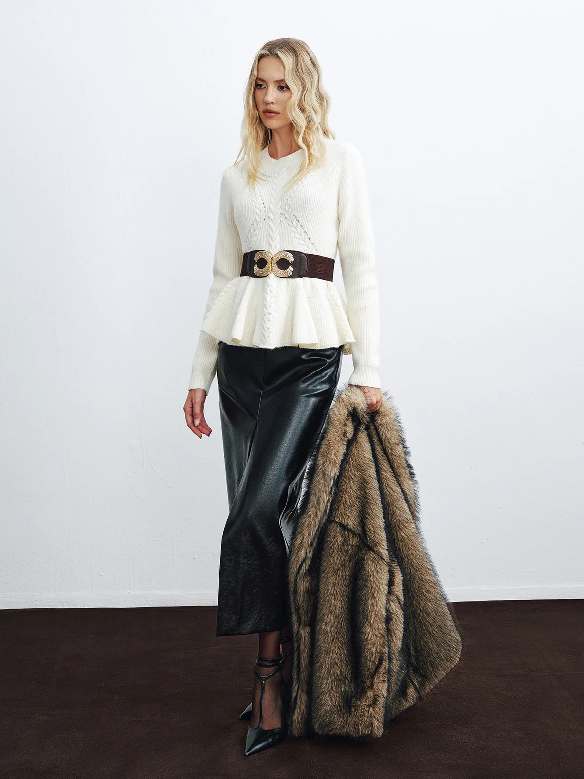 Peplum Cable-Knit Top with Wide Belt - Wholesalesil