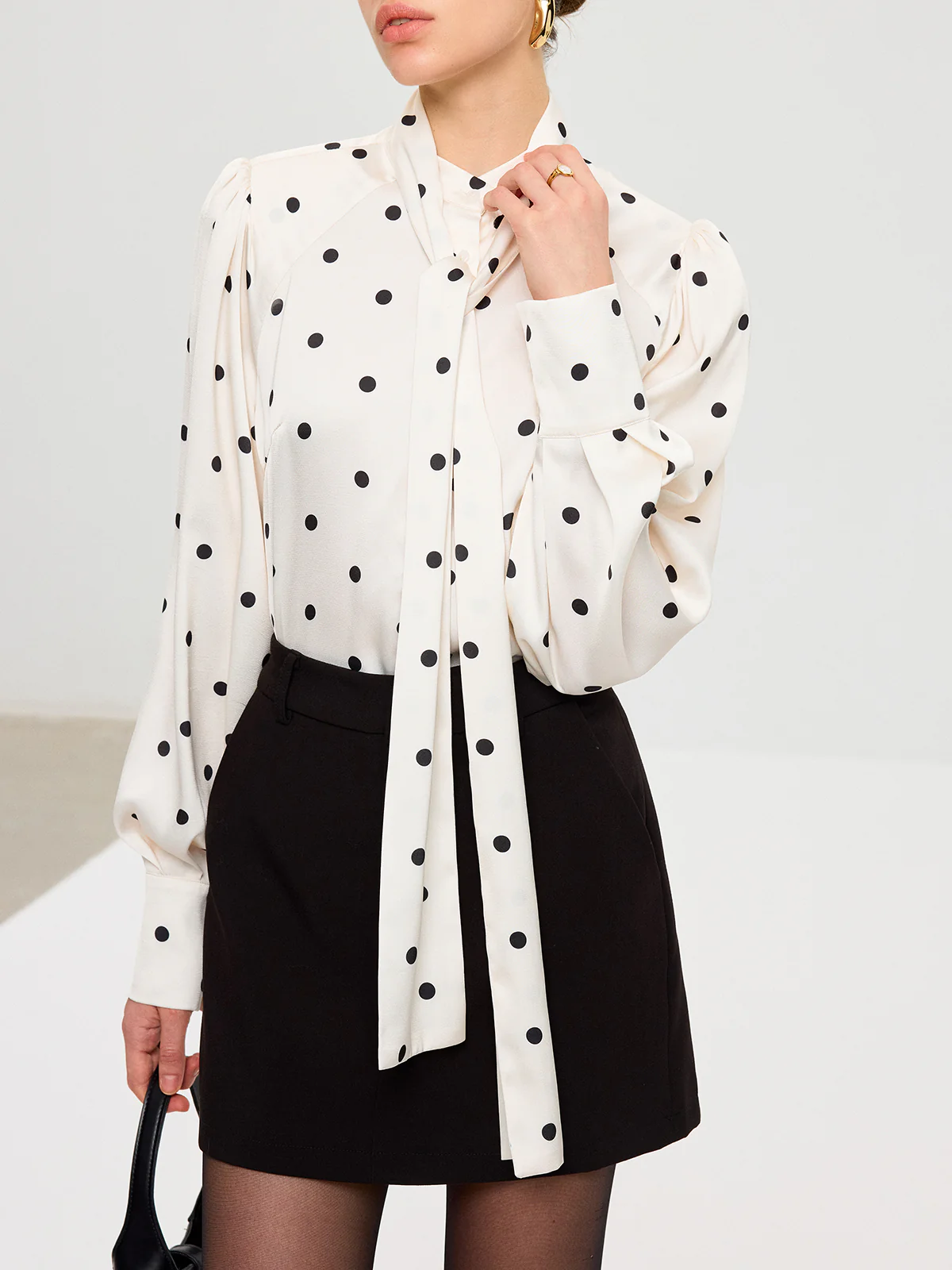Polka Dot Tie Neck Satin Shirt - Wholesalesil