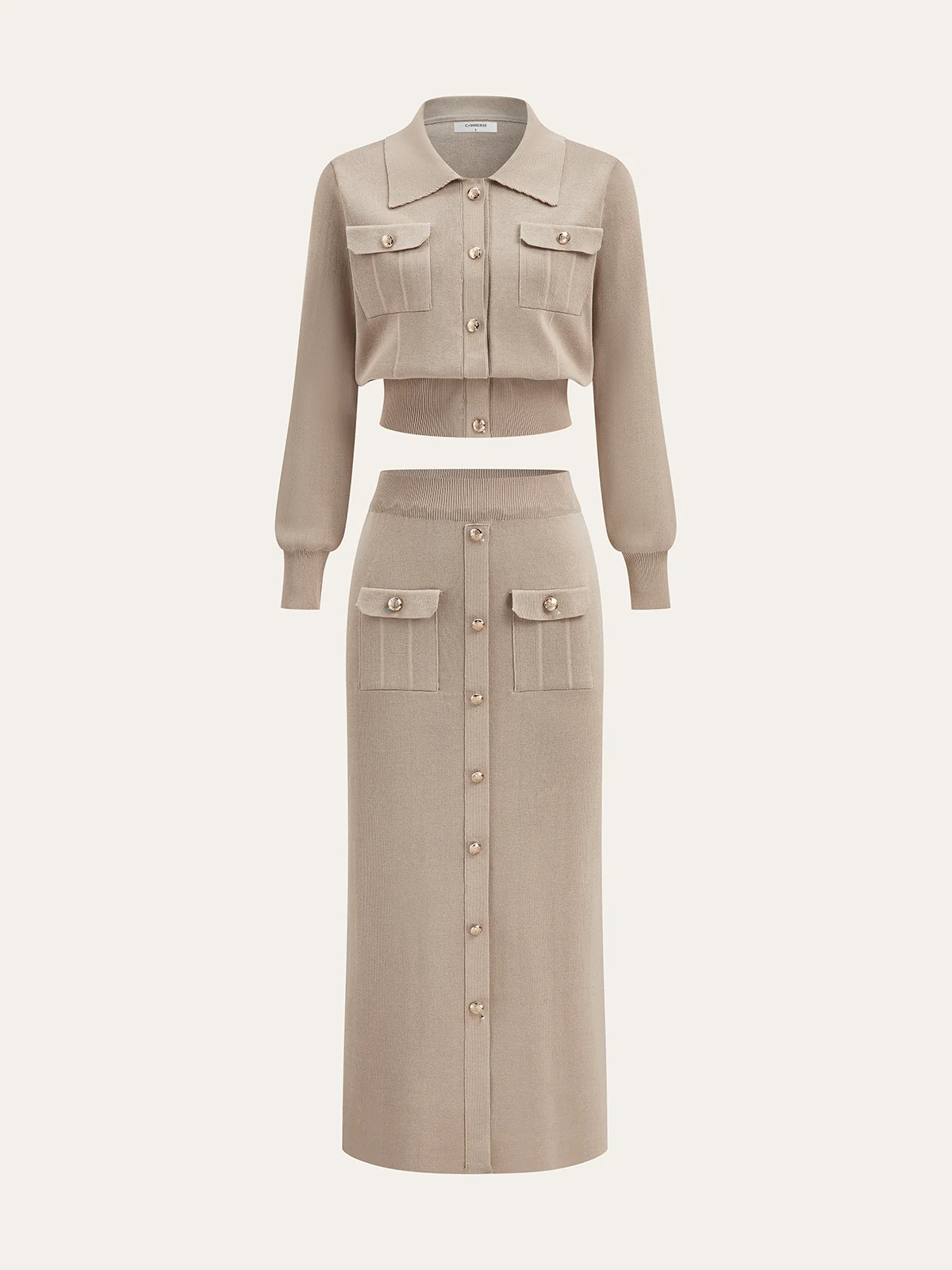 Metal Button Collared Cardigan and Midi Skirt Set - Wholesalesil