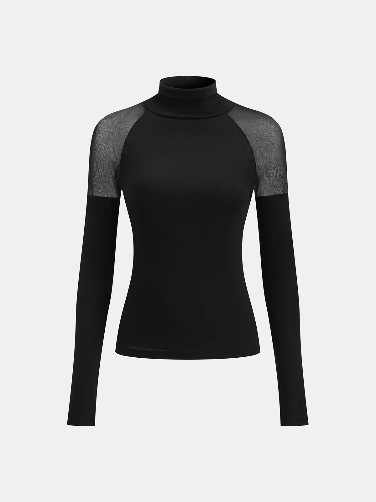 Sheer Mesh Shoulder Turtleneck Long Sleeve Top - Wholesalesil