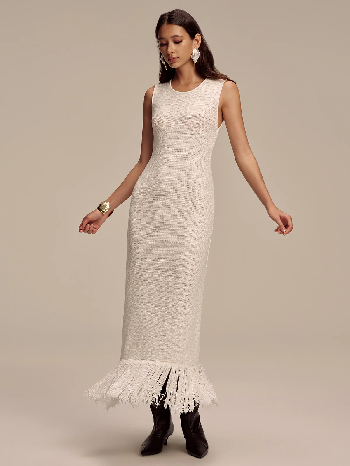 Fringe Hem Sleeveless Knit Maxi Dress - Wholesalesil