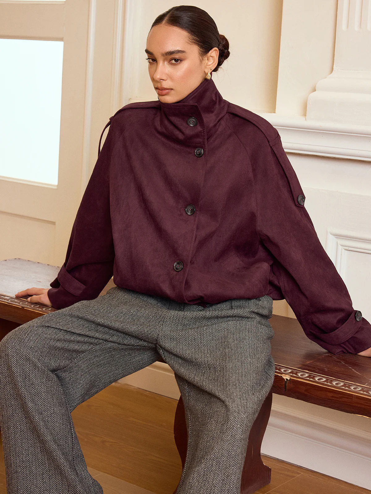 Suede Effect Cropped Trench Jacket - Wholesalesil