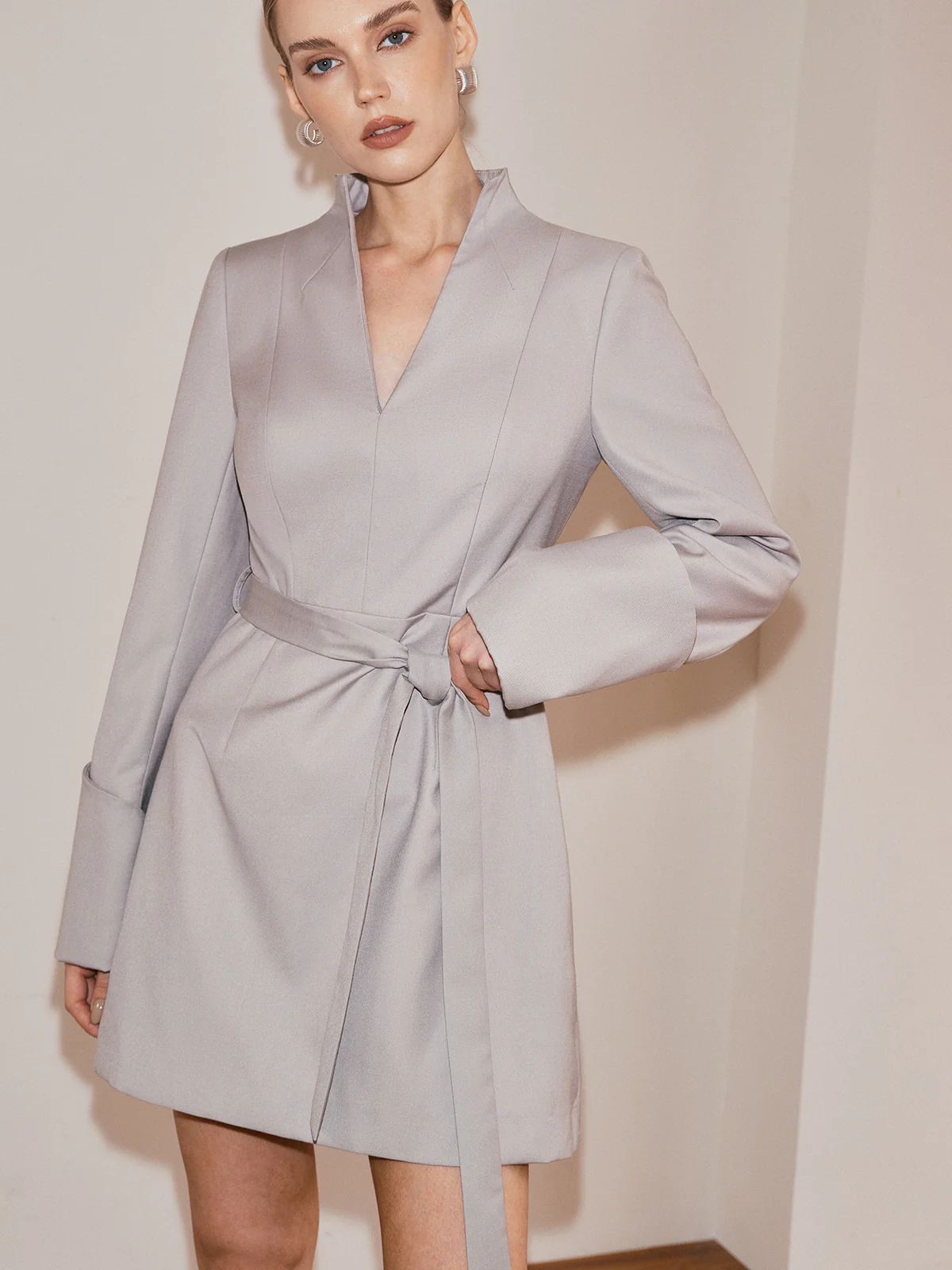 Belted V-Neck Long Sleeve Dress - Wholesalesil