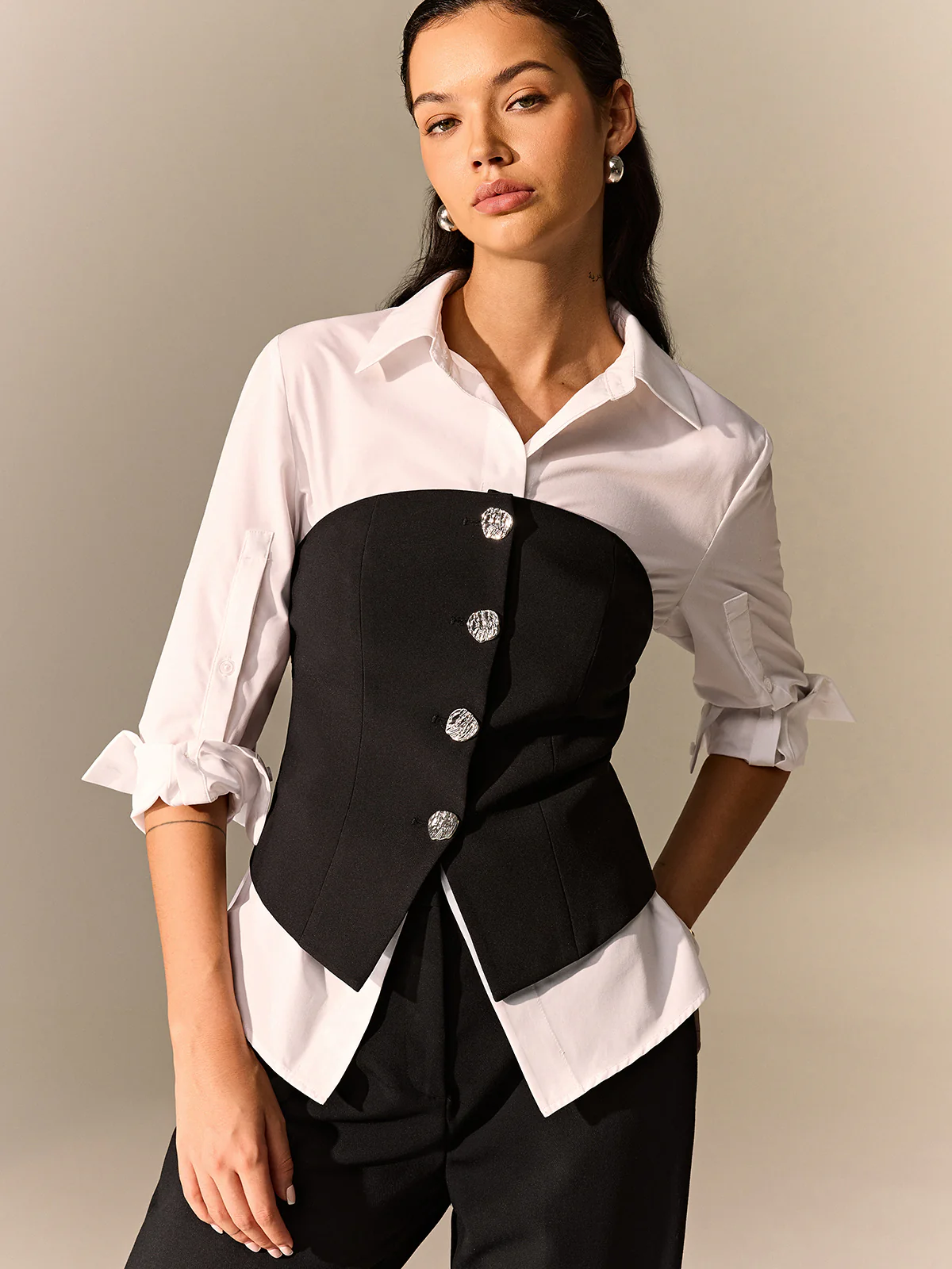 Button Corset and Long-Sleeve Shirt Set - Wholesalesil