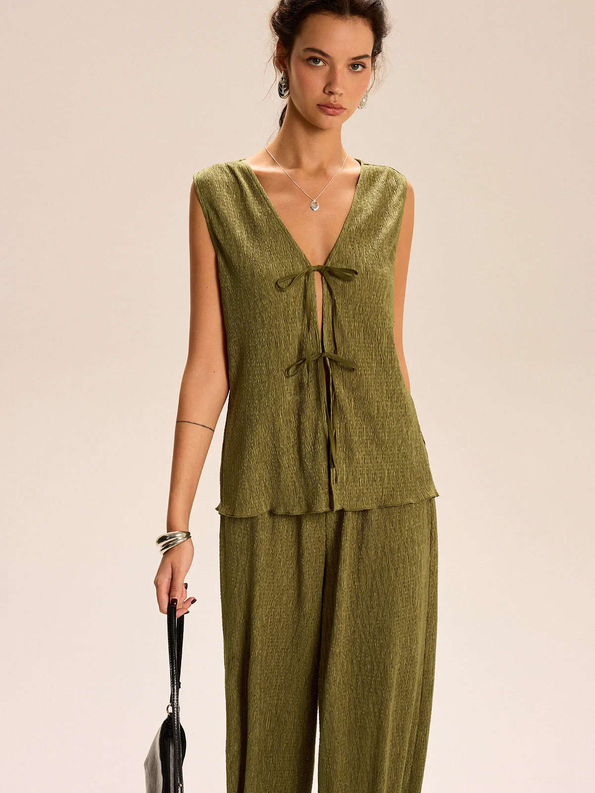 Sleeveless Tie-Front Top and Wide-Leg Pants Set - Wholesalesil