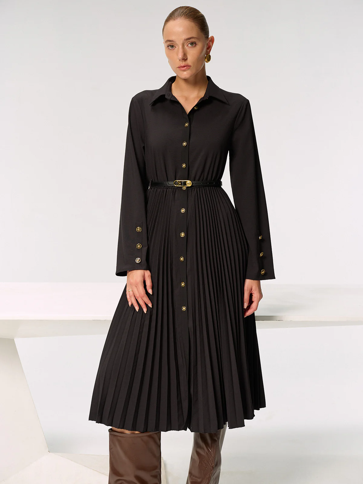 Metal Button Belted Pleated Shirt Dress - Wholesalesil