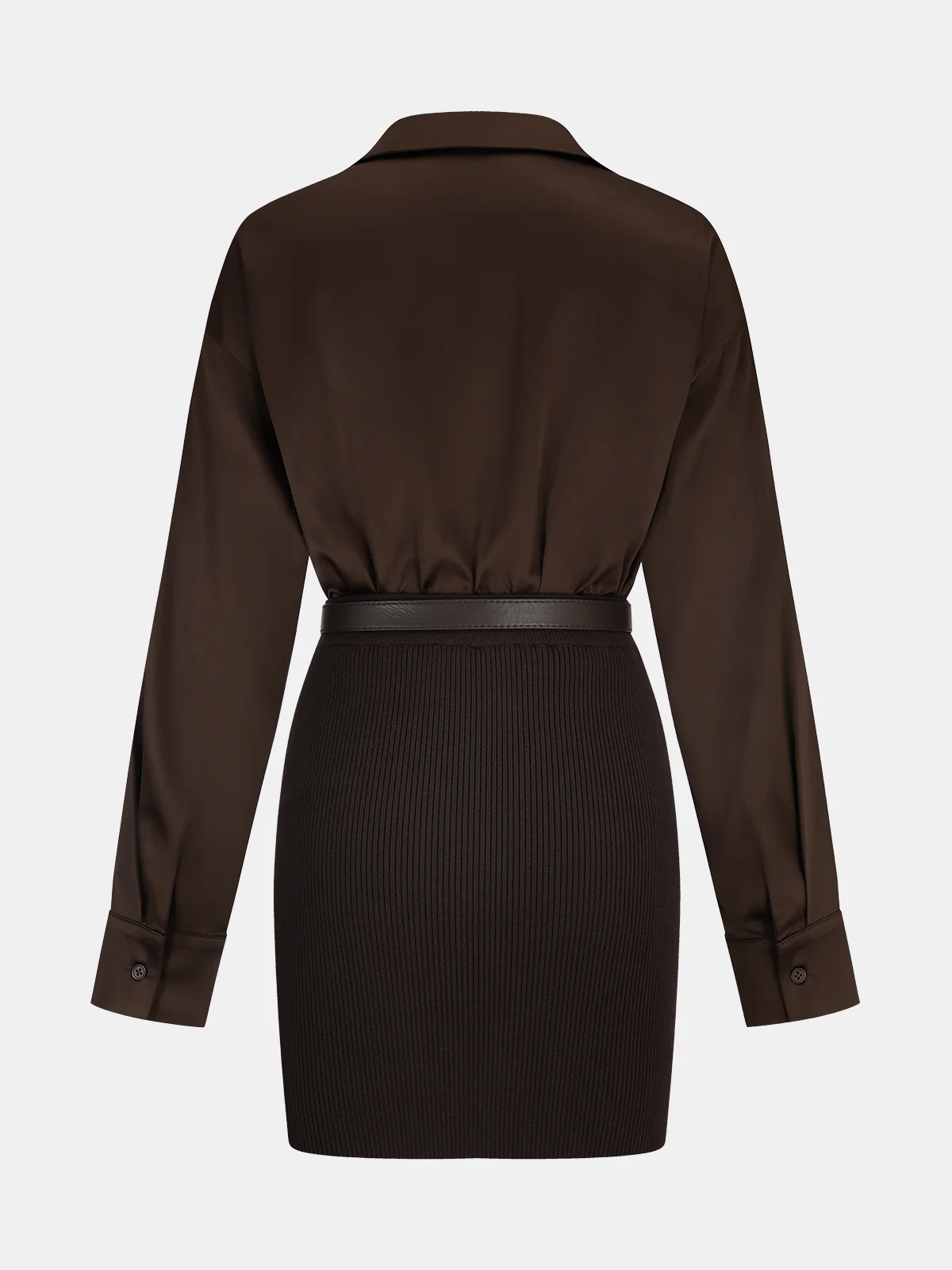 Ribbed Knit Panel Belted Shirt Dress - Wholesalesil