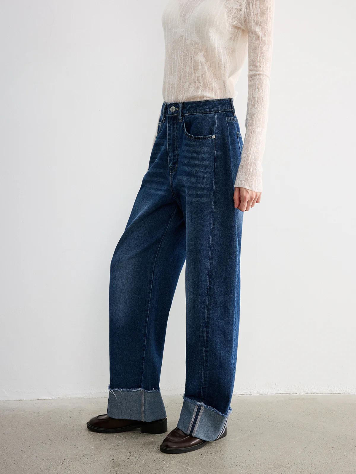 Frayed Cuffed Denim Wide-Leg Jeans - Wholesalesil