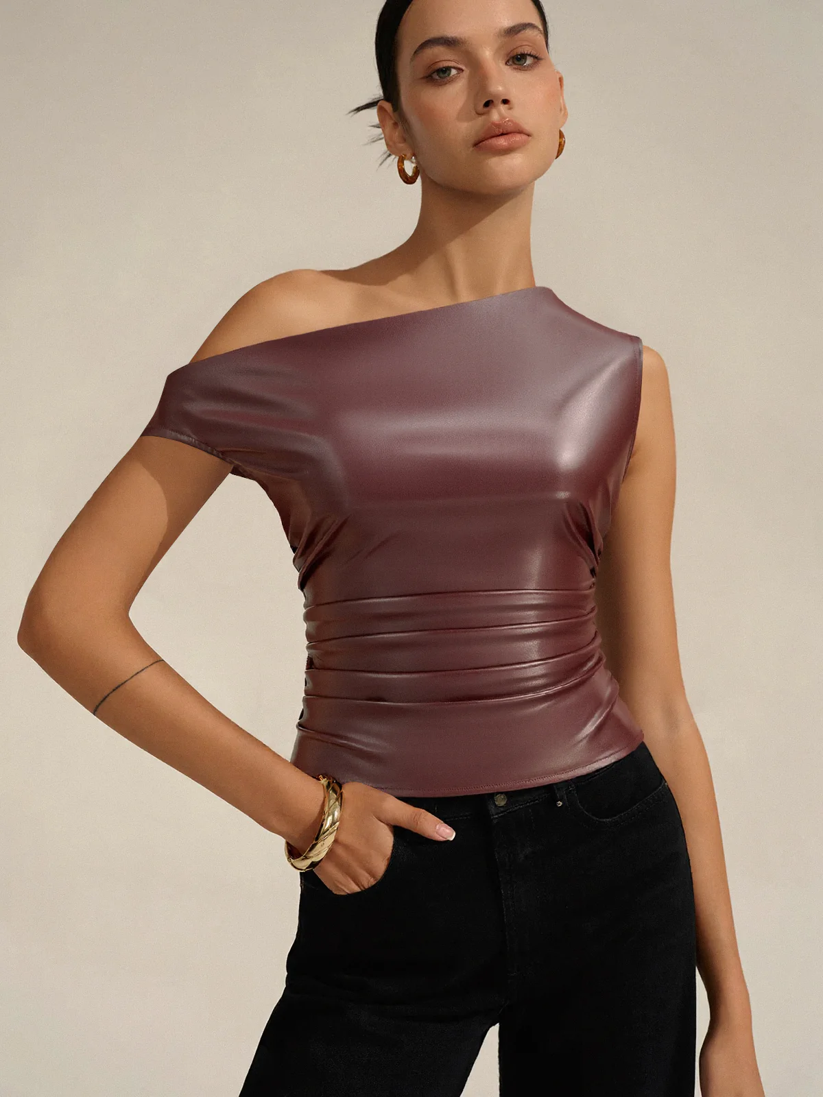 One-Shoulder PU Leather Tank Top - Wholesalesil