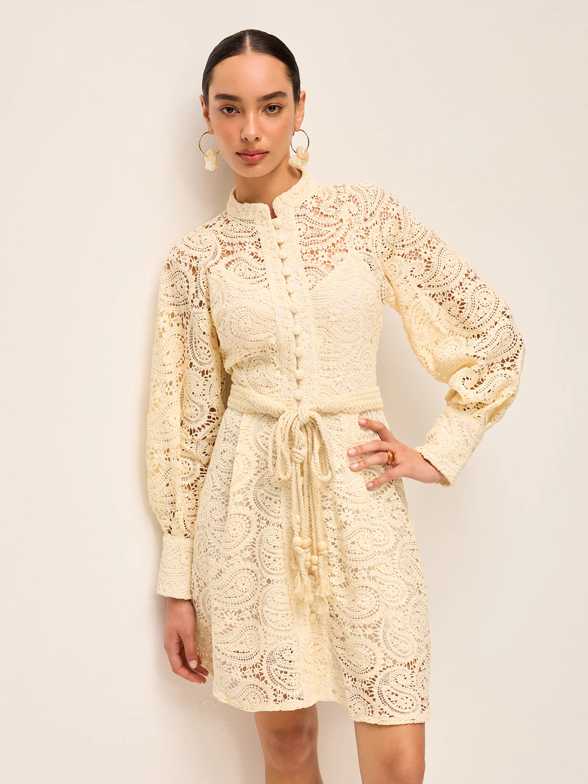 Semi-Sheer Lace Belted Dress - Wholesalesil