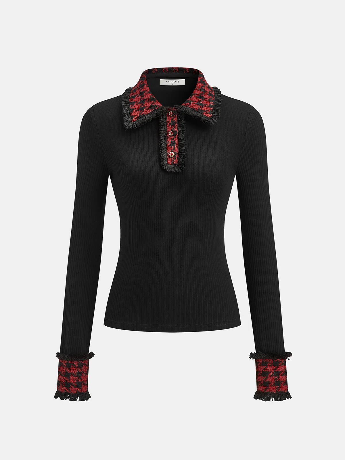 Contrast Checkered Collar Ribbed Knit Top - Wholesalesil