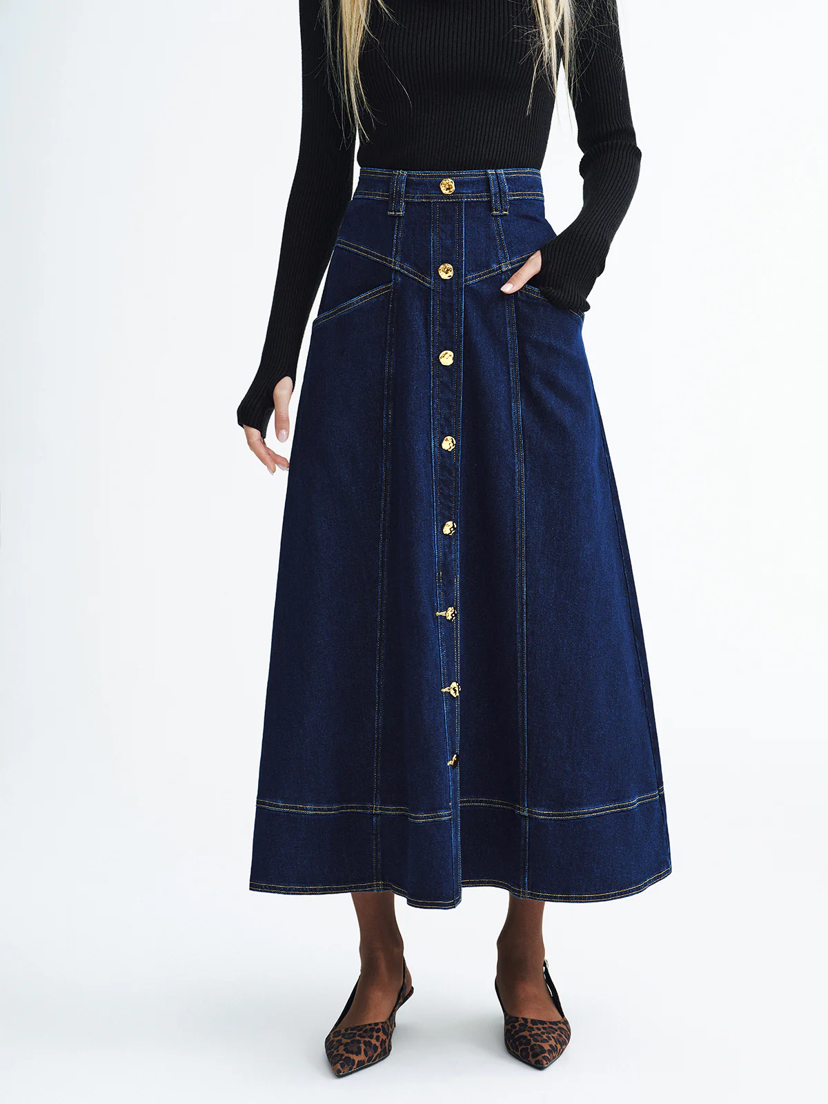 Metal Button Denim Midi Skirt - Wholesalesil
