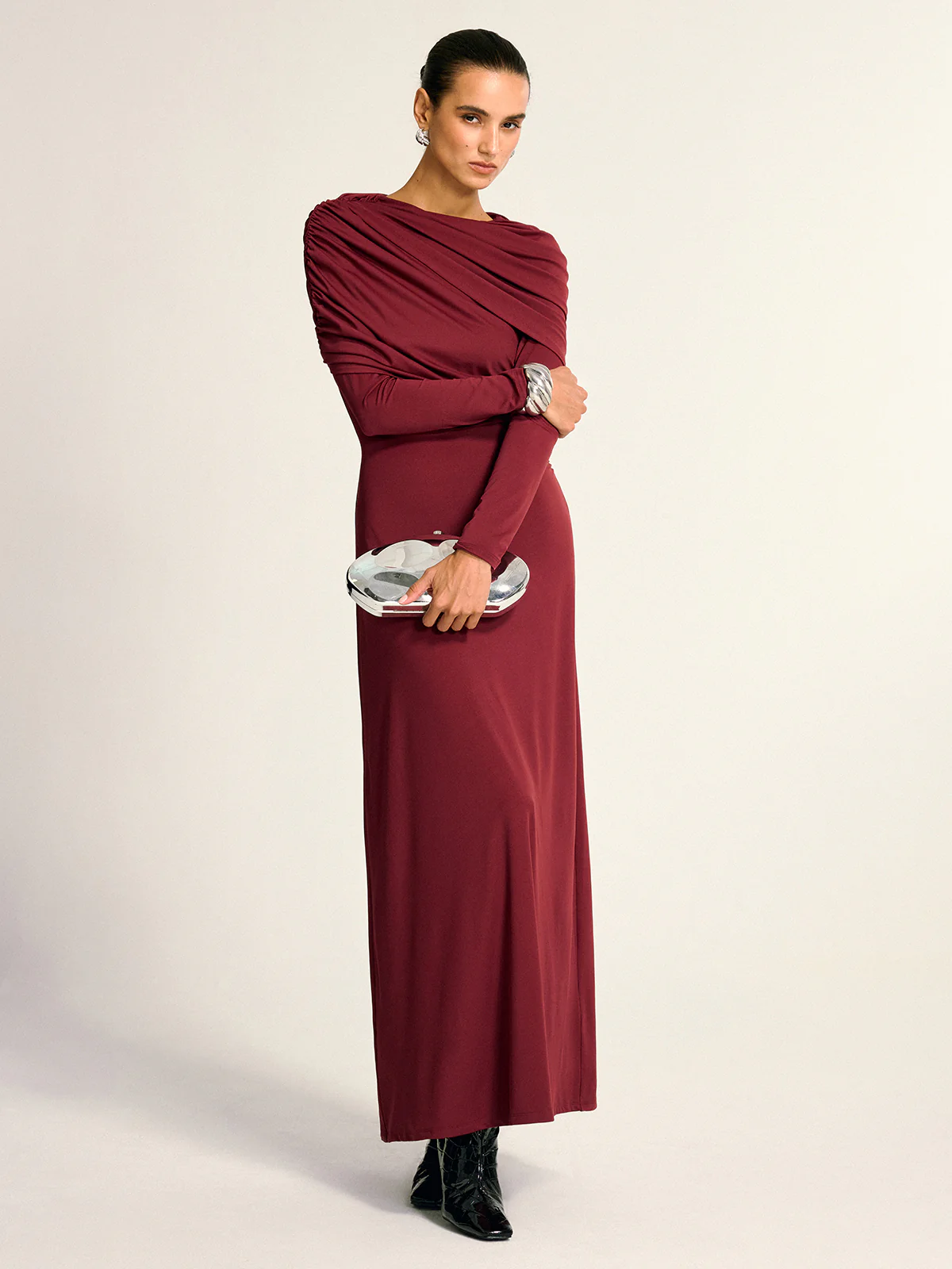 Draped Long Sleeve Maxi Dress - Wholesalesil