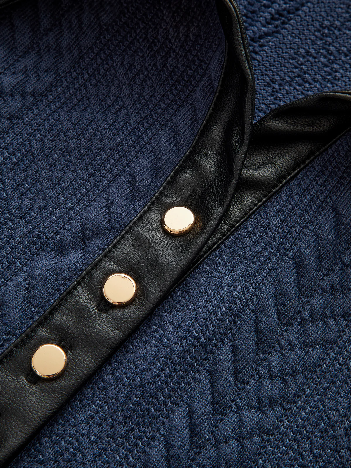 Faux Leather Panel Cable Knit Sleeveless Polo Top - Wholesalesil