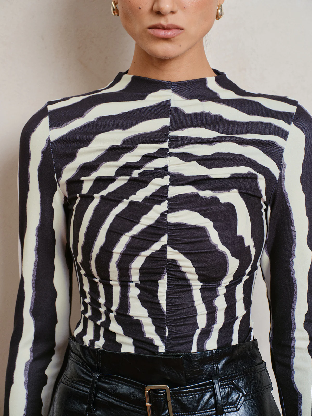 Zebra Print Ruched Long Sleeve Top - Wholesalesil