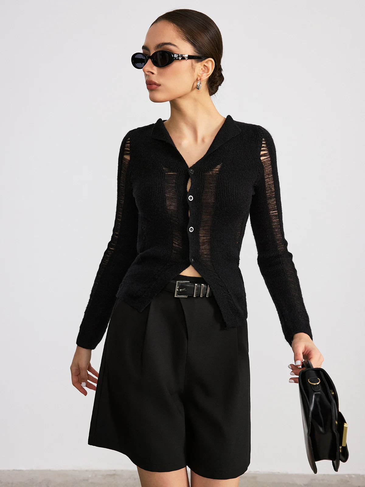 Sheer Panel Button Front Lapel Blouse - Wholesalesil