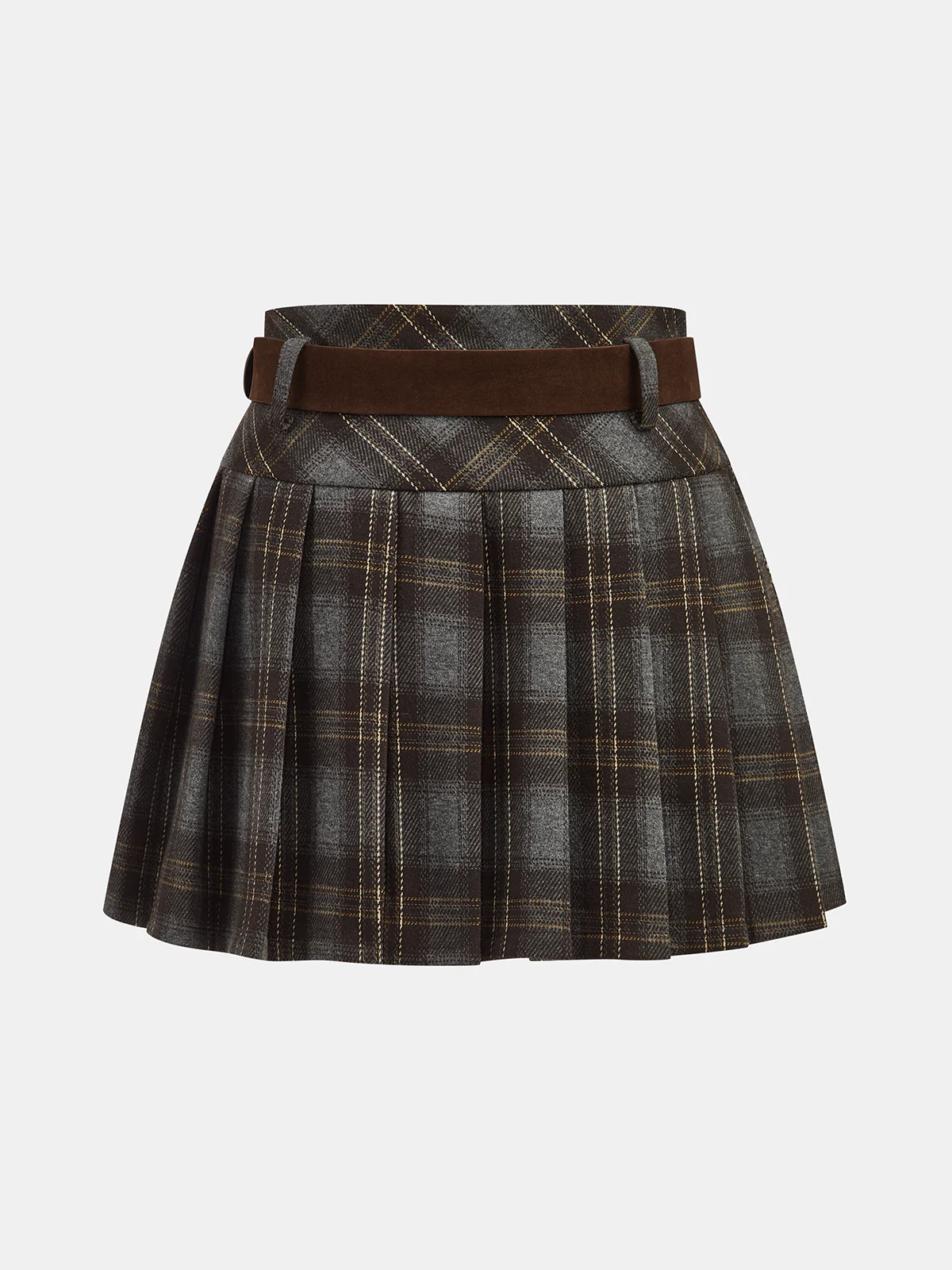 Belted Plaid Pleated Mini Skirt - Wholesalesil