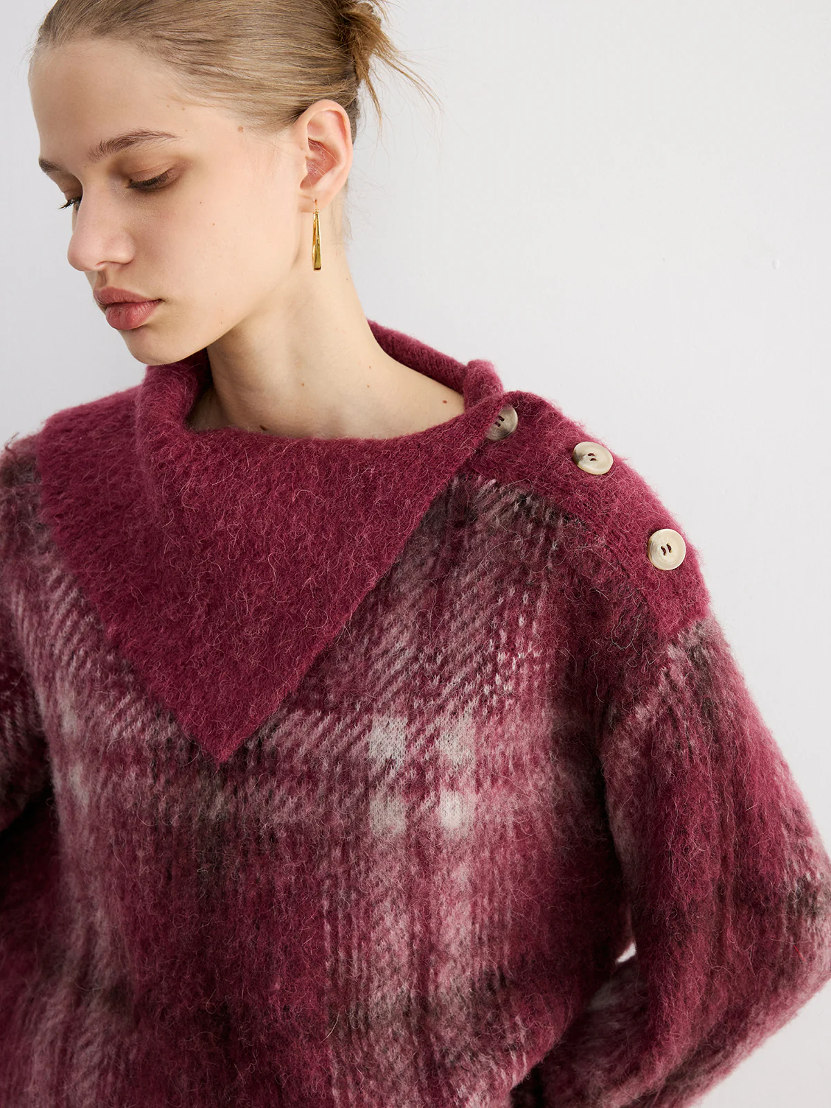 Wool Blend Plaid Asymmetric Collar Buttoned Sweater - Wholesalesil