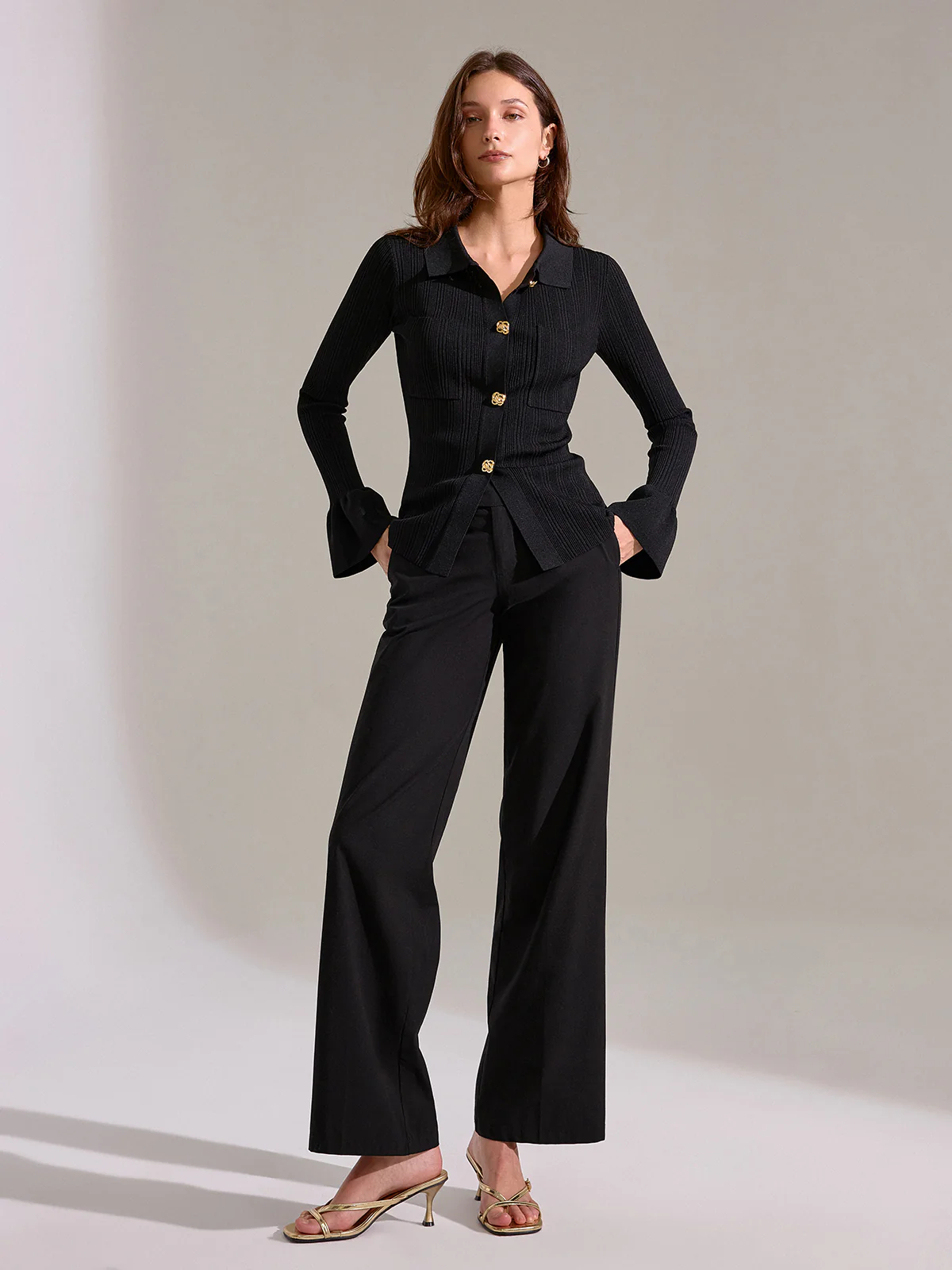 Bell Sleeve Ribbed Knit Polo Top - Wholesalesil