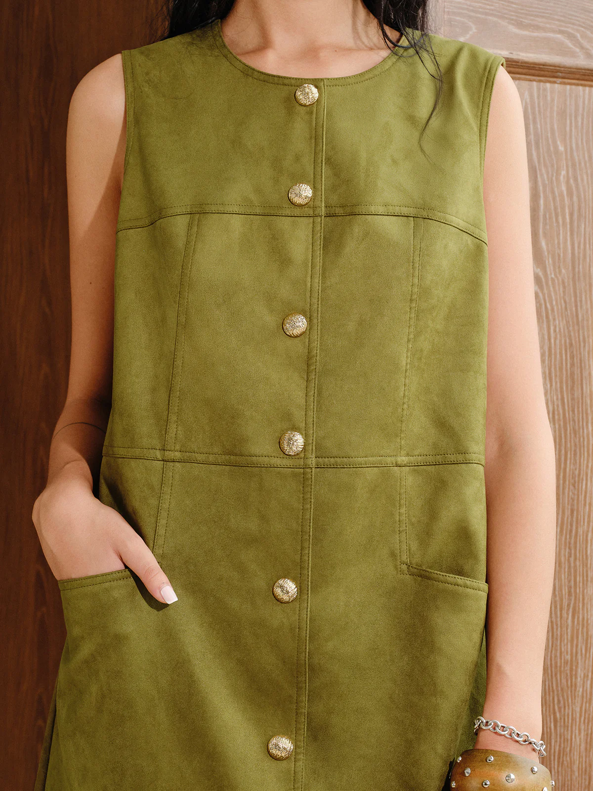 Suede Effect Metal Button Mini Dress - Wholesalesil