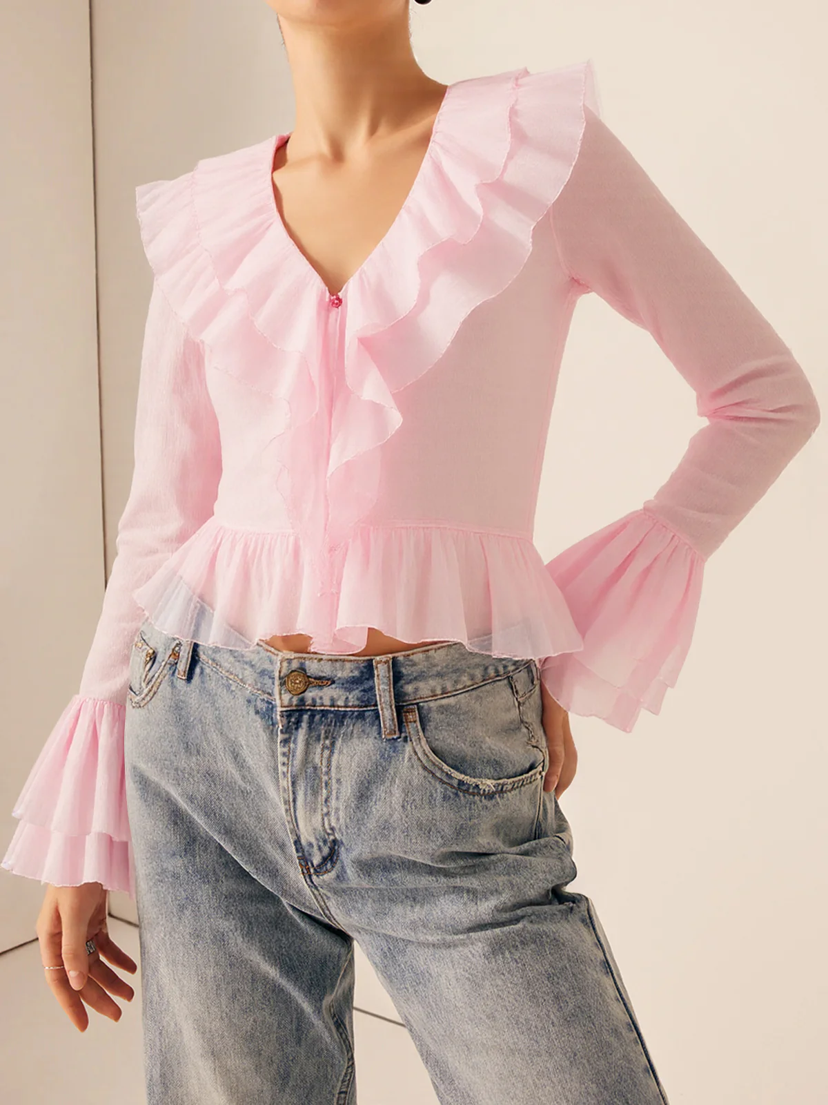 Semi-Sheer Ruffled V-Neck Bell-Sleeve Top - Wholesalesil