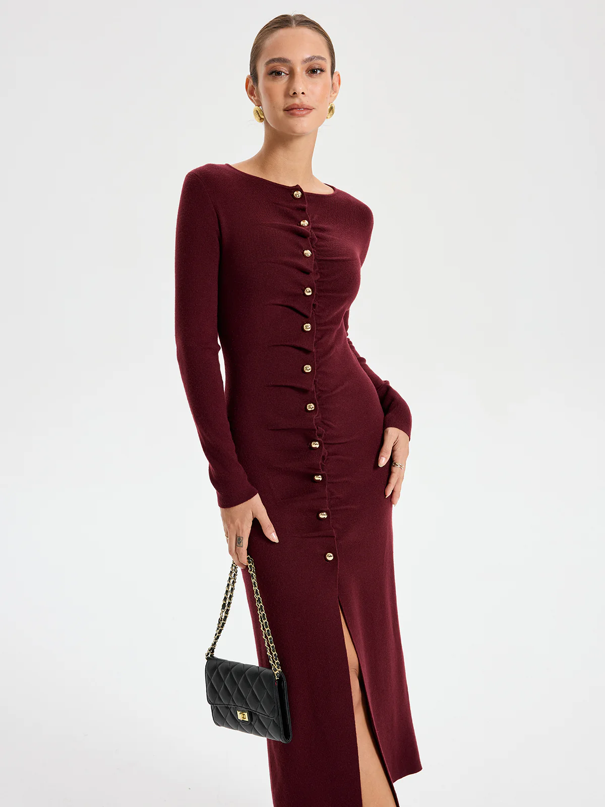 Elegant Long Sleeve Wide Neck Button Front Knit Dress - Wholesalesil