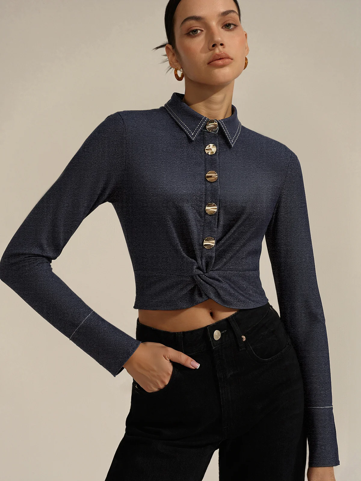 Metal Button Twist Shirt - Wholesalesil