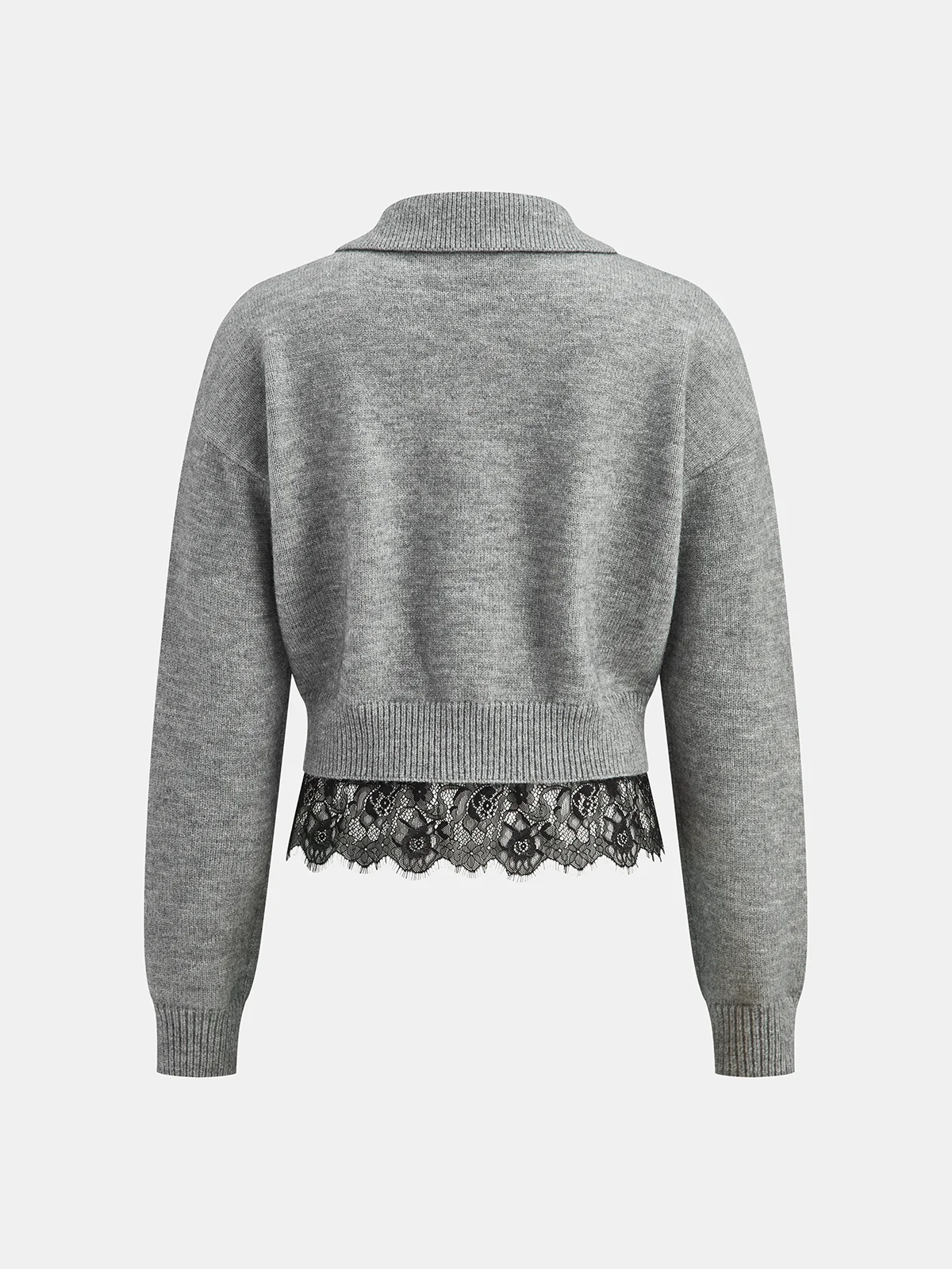 Lace Hem Collared Knit Cardigan - Wholesalesil