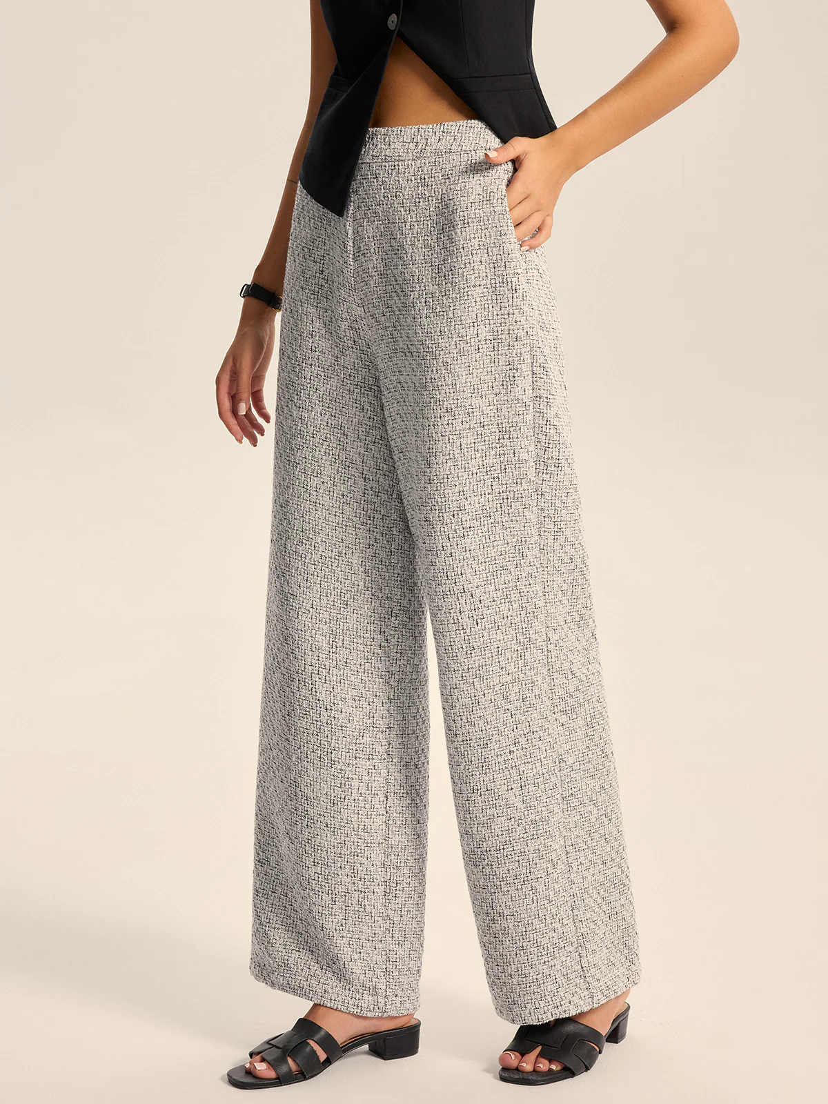 Textured Tweed Wide-Leg Pants - Wholesalesil